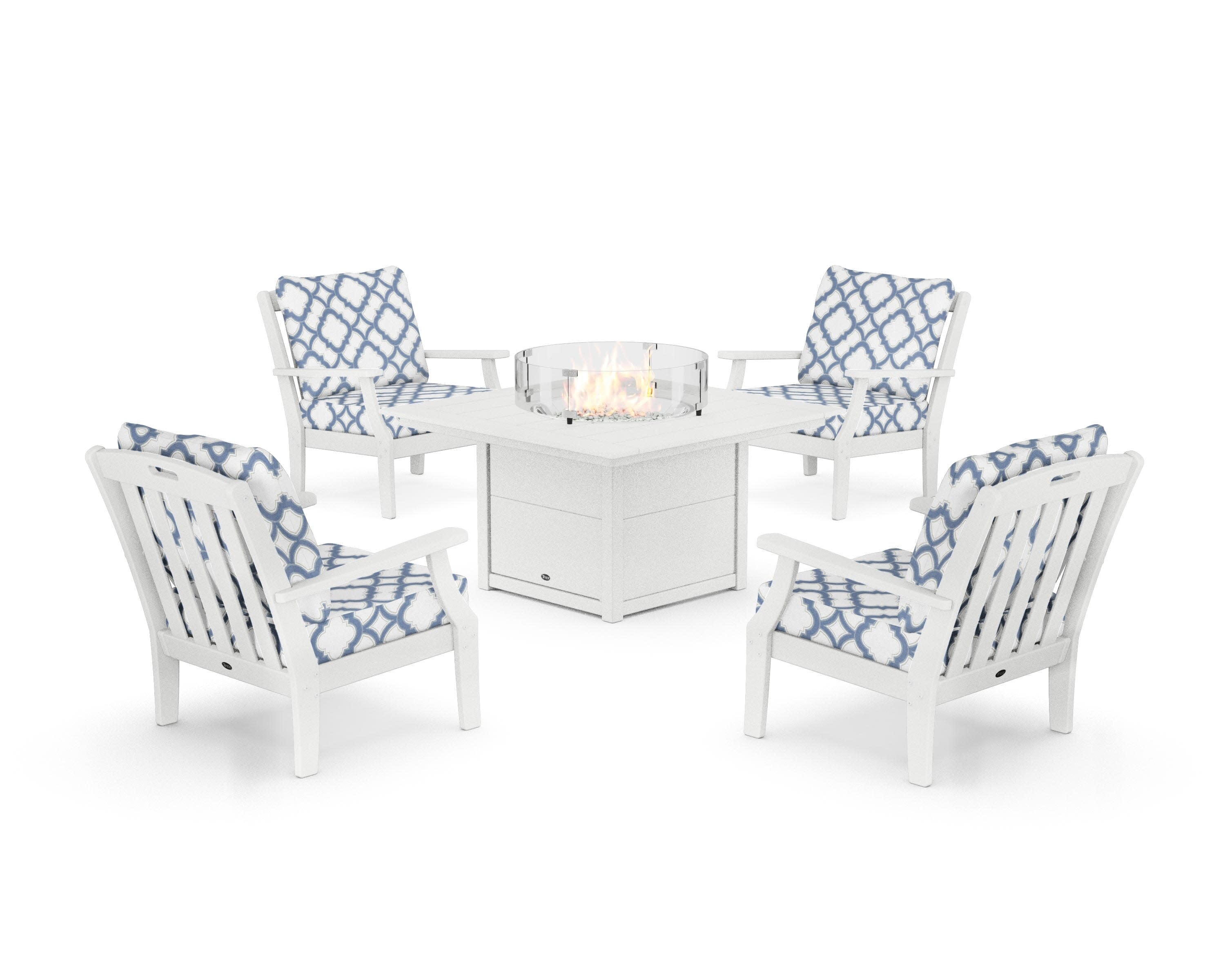 Yacht Club 5-Piece Deep Seating Set with Square Fire Pit Table in Classic White / Trellis Sky Blue