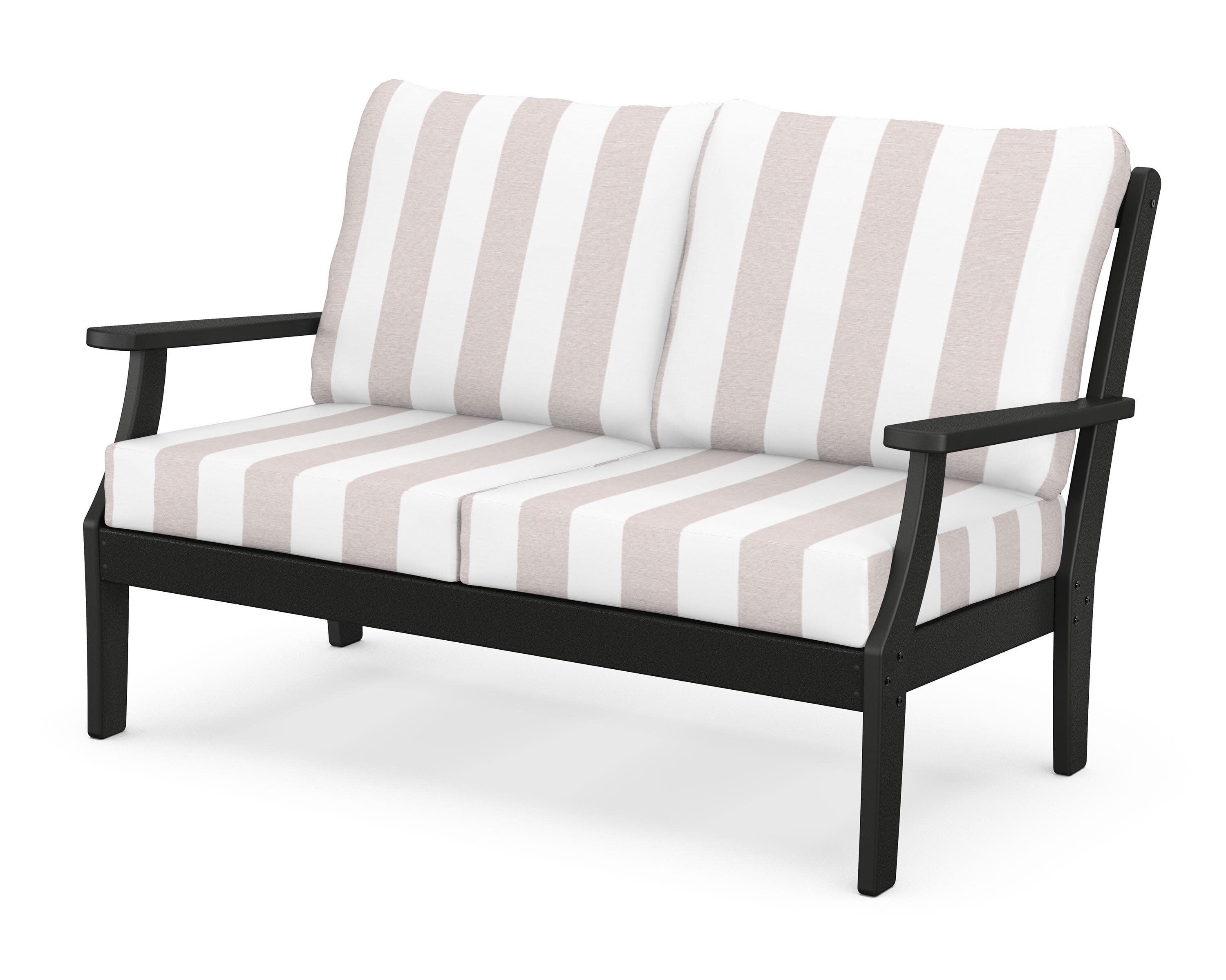 Yacht Club Deep Seating Loveseat in Charcoal Black / Cabana Stripe Dune Burlap