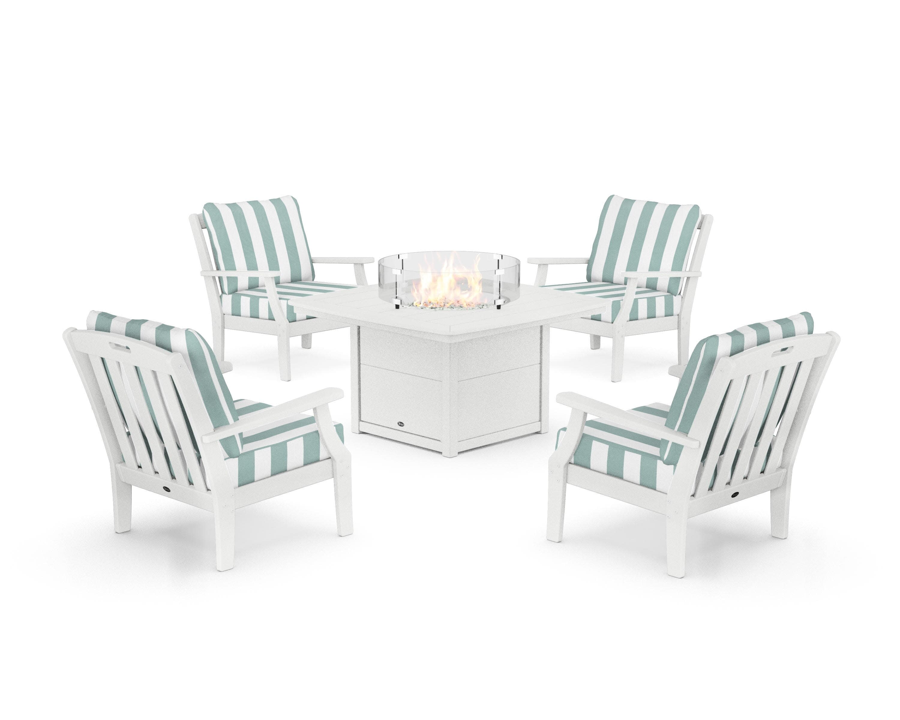 Yacht Club 5-Piece Deep Seating Set with Fire Pit Table in Classic White / Cabana Stripe Glacier Spa