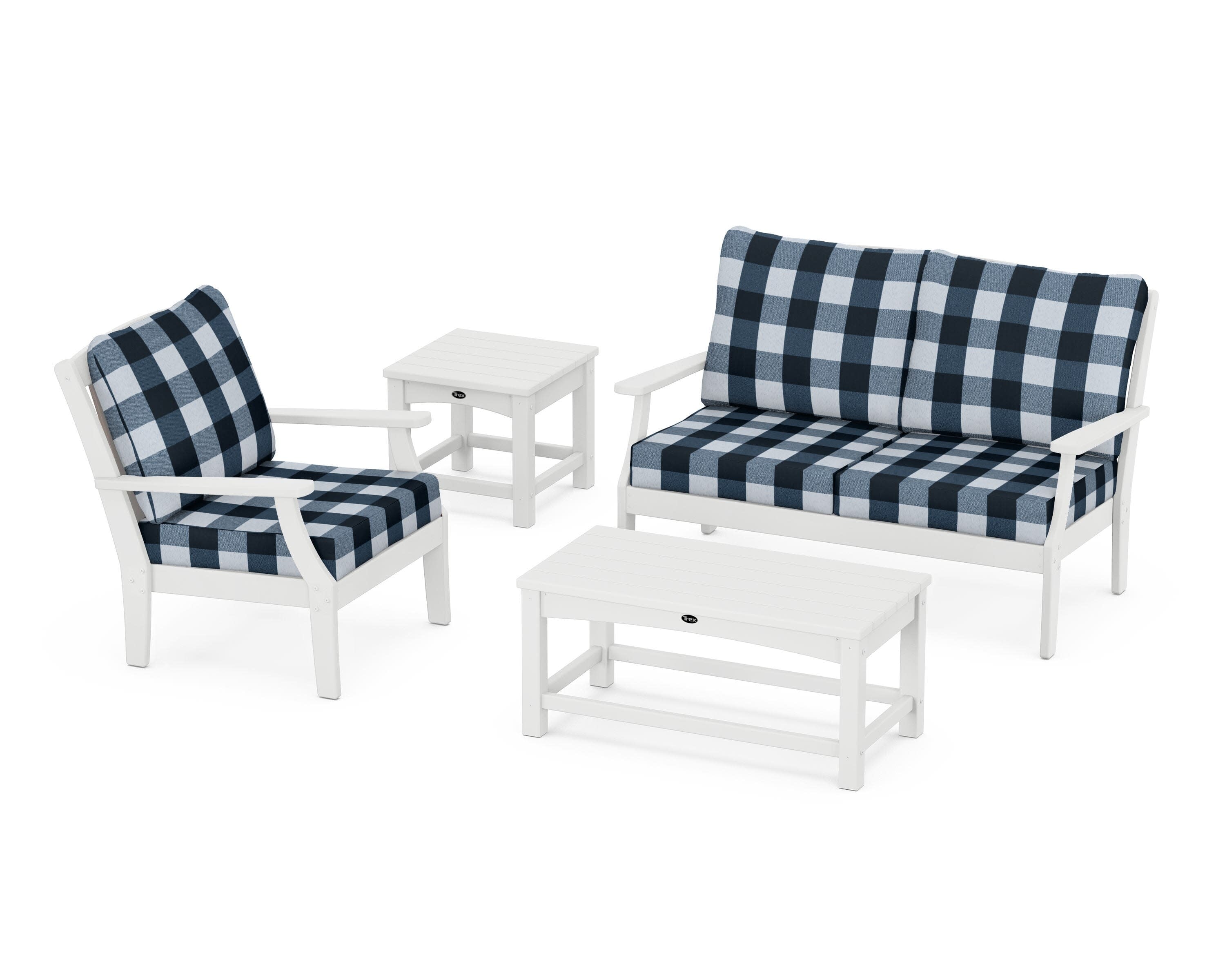 Yacht Club 4-Piece Deep Seating Set in Classic White / Buffalo Plaid Marine Indigo