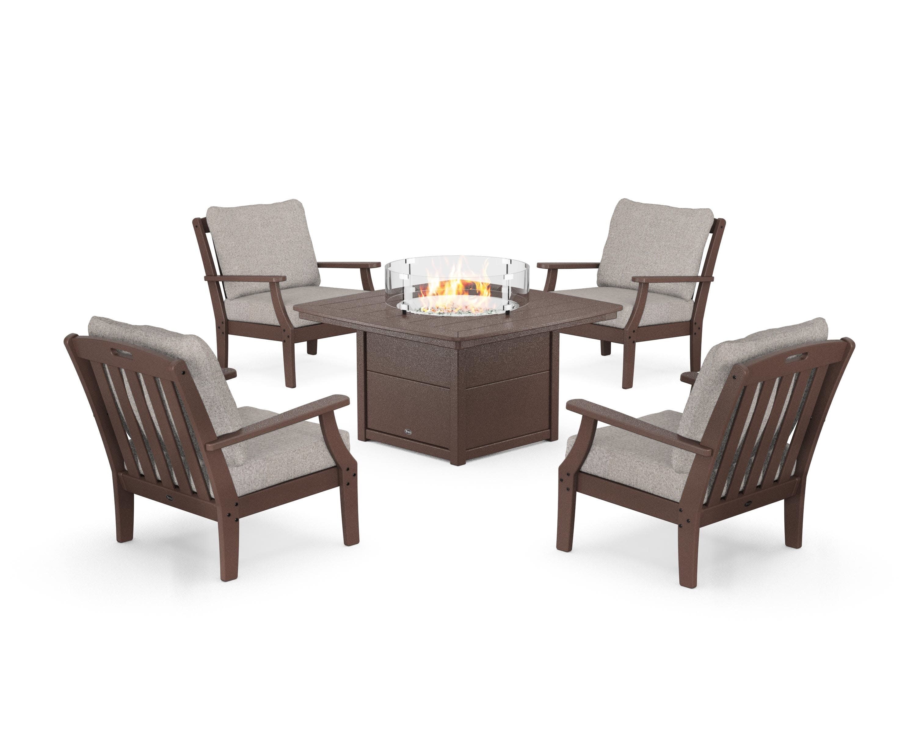 Yacht Club 5-Piece Deep Seating Set with Fire Pit Table in Vintage Lantern / Weathered Tweed