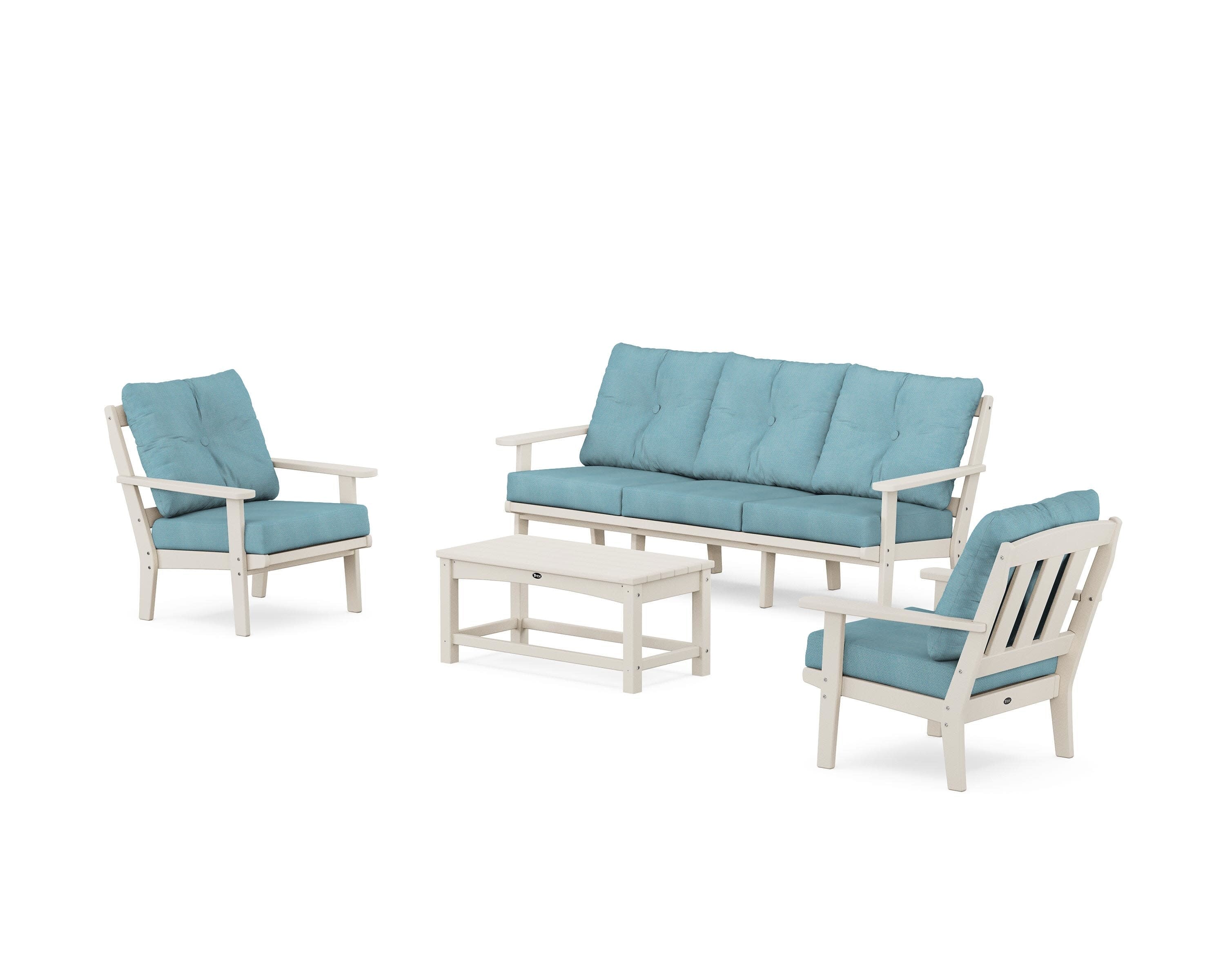 Cape Cod 4-Piece Deep Seating Set with Sofa in Sand Castle / Lattice Sky Blue
