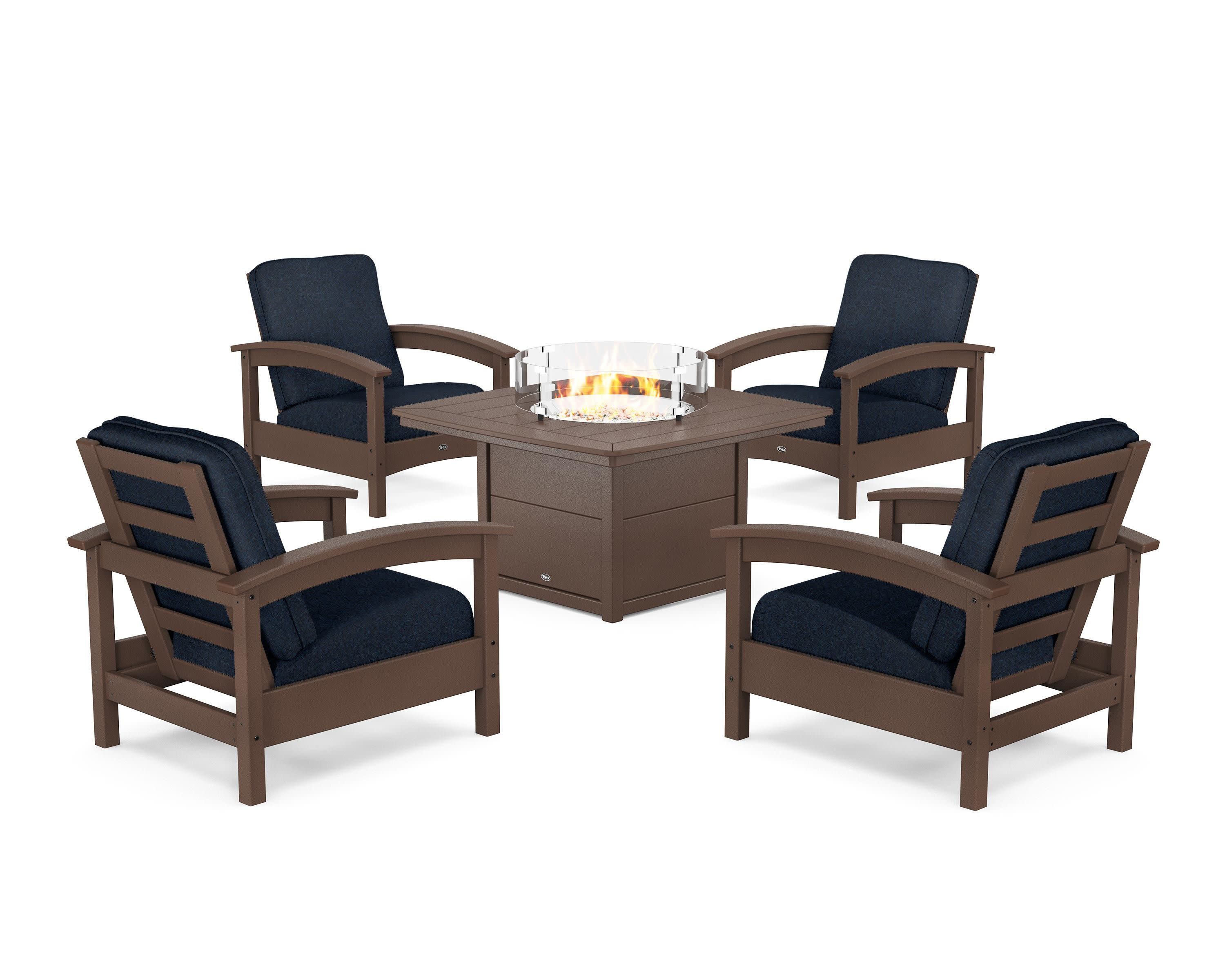 Rockport 5-Piece Deep Seating Set with Yacht Club Fire Pit Table in Vintage Lantern / Marine Indigo