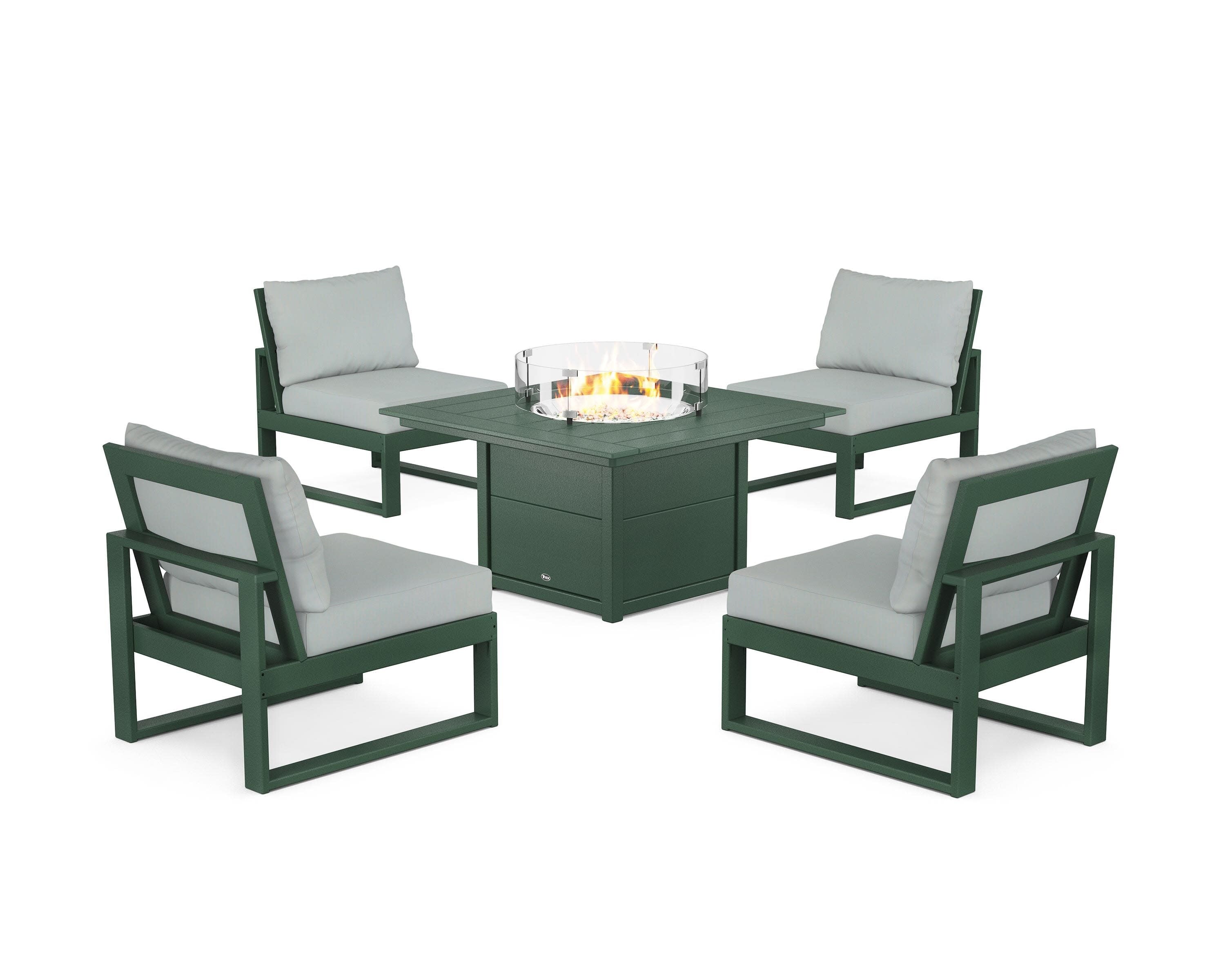 Eastport Modular 5-Piece Deep Seating Set with Square Fire Pit Table in Rainforest Canopy / Spa