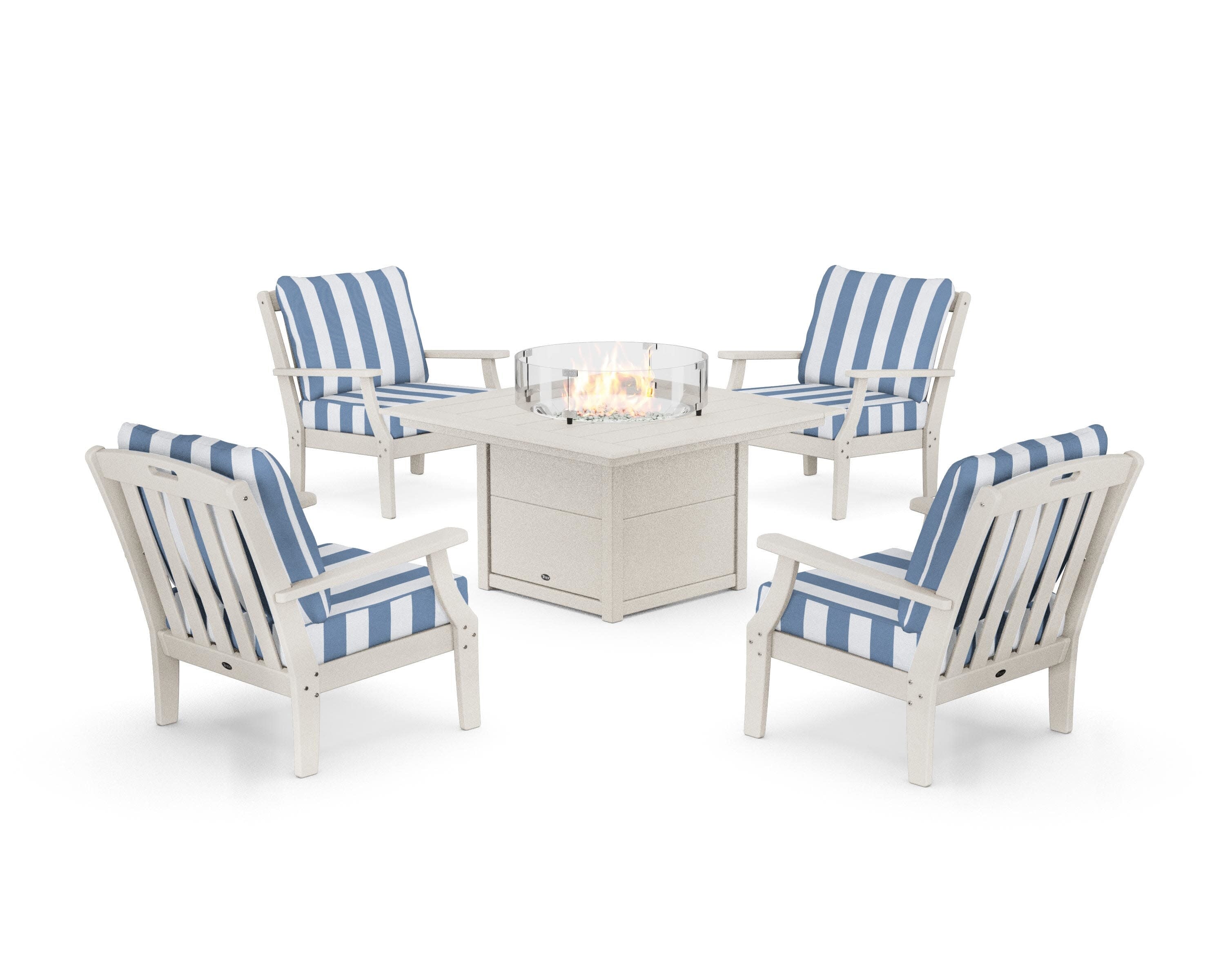 Yacht Club 5-Piece Deep Seating Set with Square Fire Pit Table in Sand Castle / Cabana Stripe Sky Blue