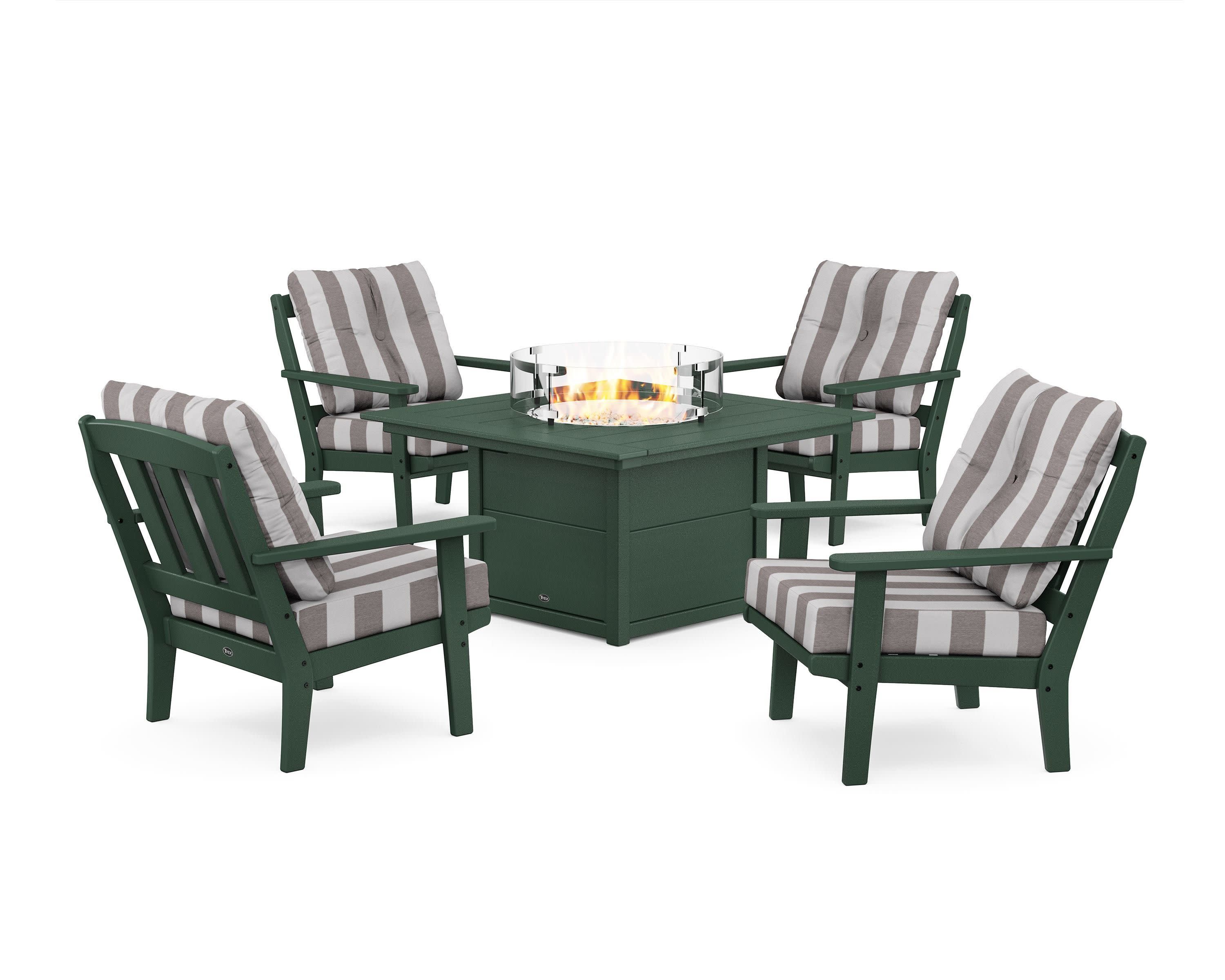 Cape Cod 5-Piece Deep Seating Set with Fire Pit Table in Rainforest Canopy / Cabana Stripe Grey Mist