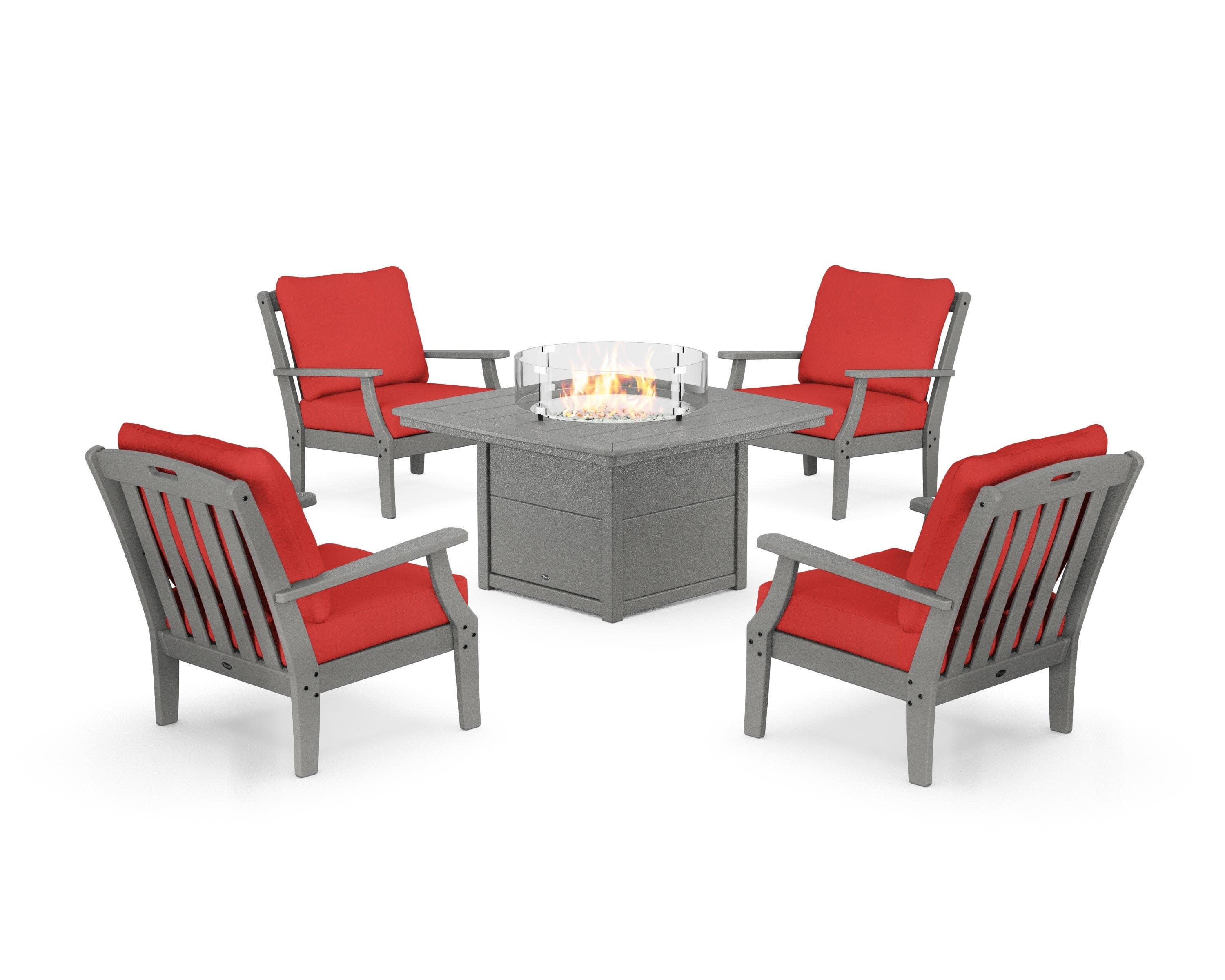 Yacht Club 5-Piece Deep Seating Set with Fire Pit Table in Stepping Stone / Crimson Linen