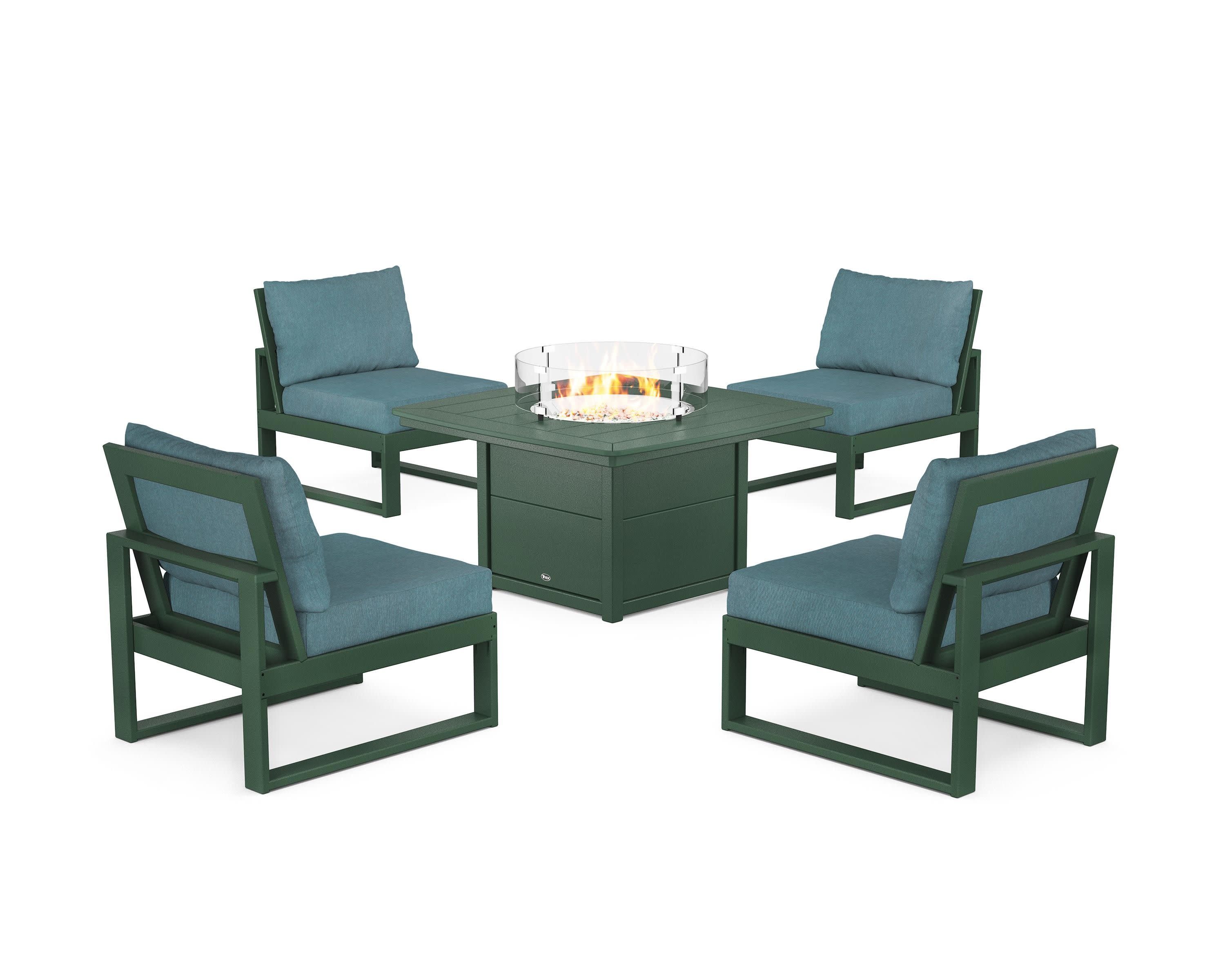 Eastport Modular 5-Piece Deep Seating Set with Yacht Club Fire Pit Table in Rainforest Canopy / Ocean Teal