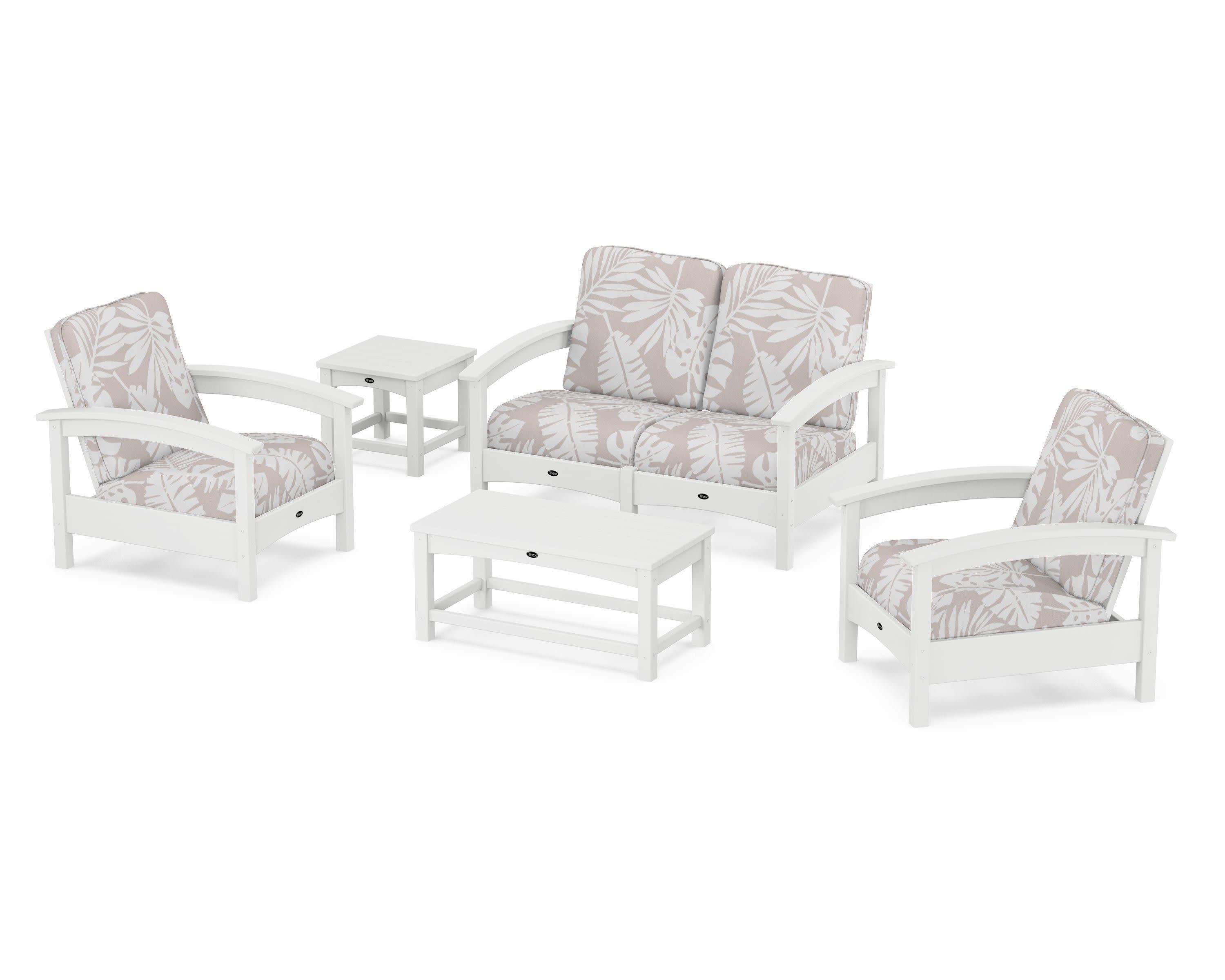 Rockport Club 6-Piece Deep Seating Conversation Set in Classic White / Leaf Dune Burlap