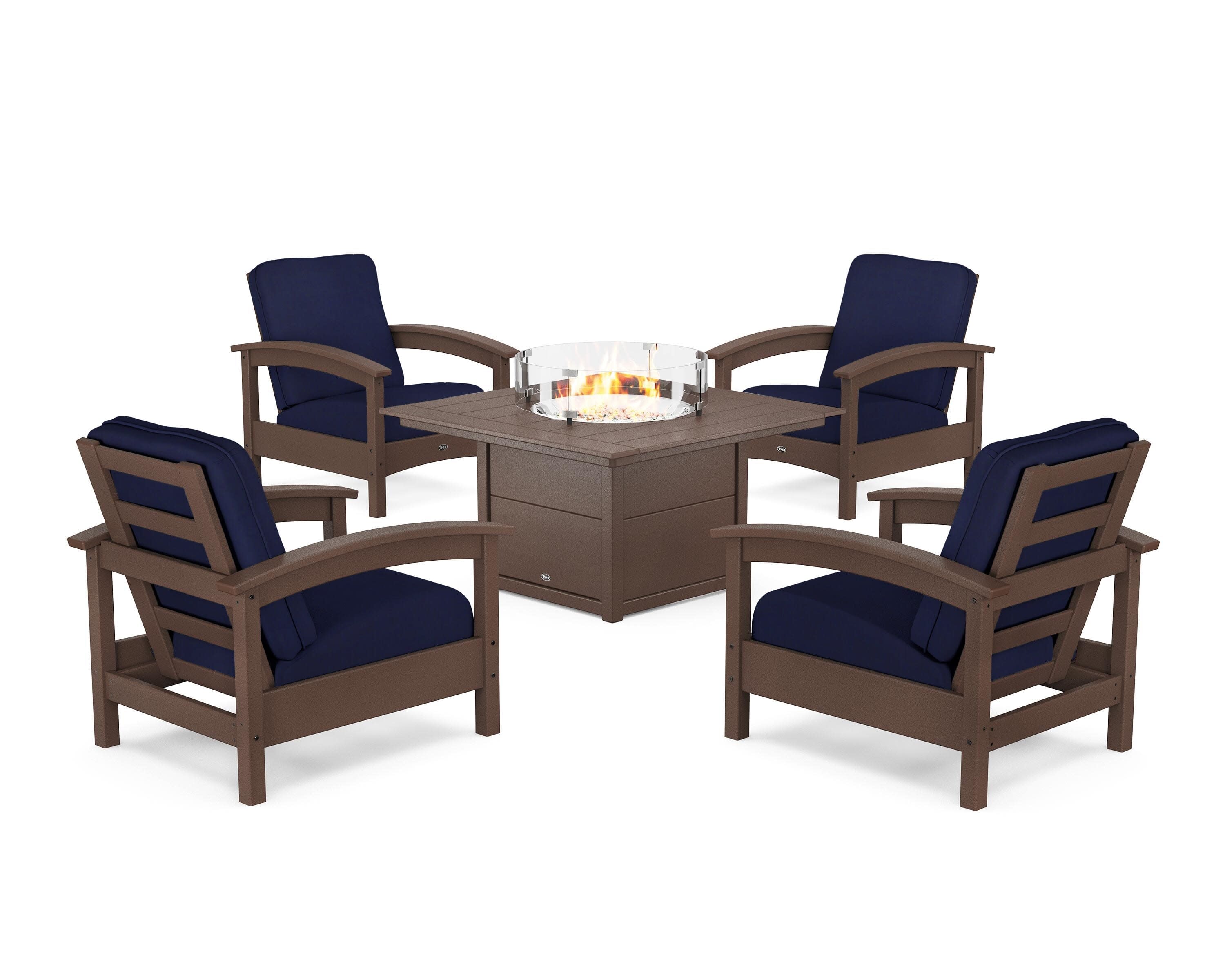 Rockport 5-Piece Deep Seating Set with Square Fire Pit Table in Vintage Lantern / Navy