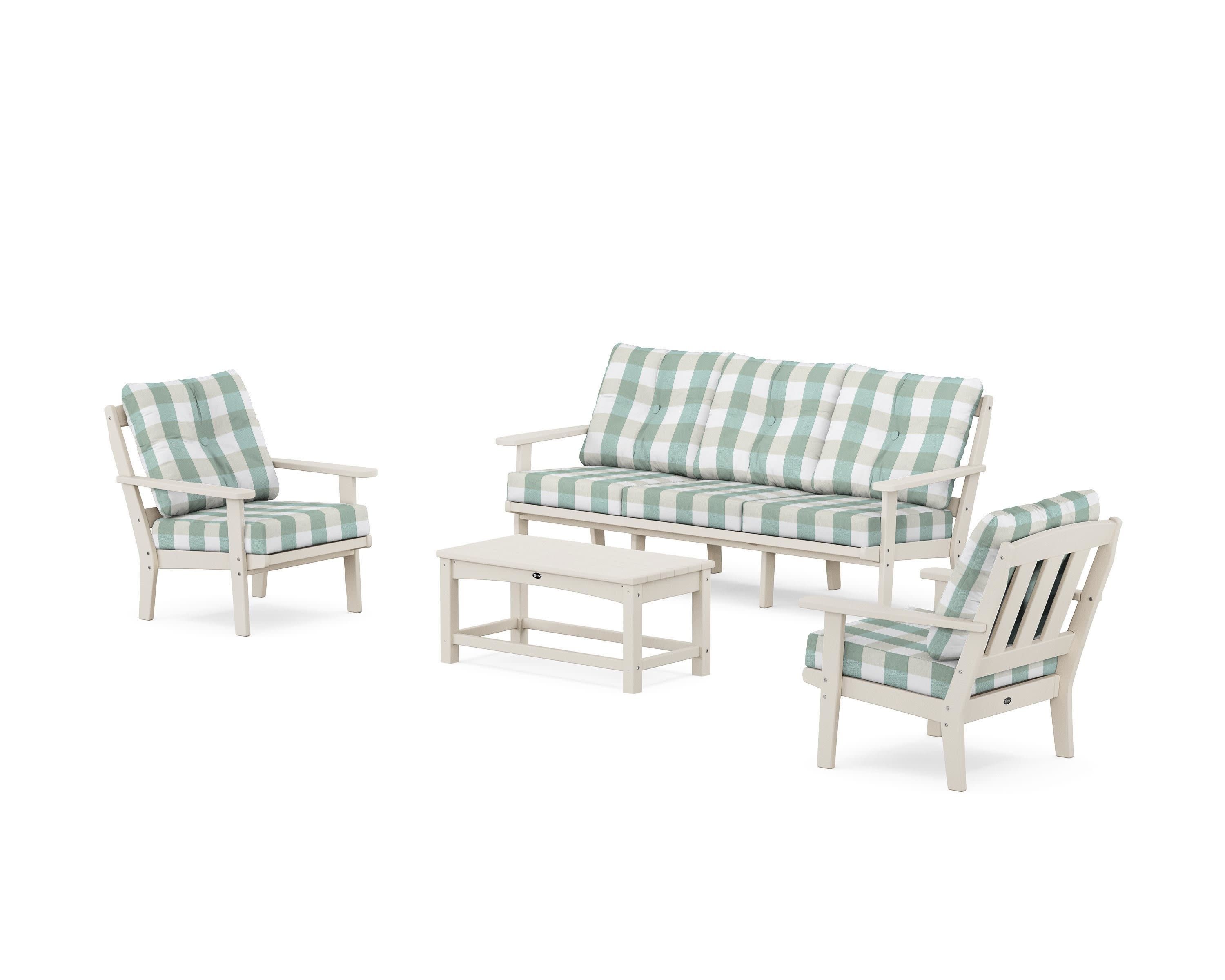 Cape Cod 4-Piece Deep Seating Set with Sofa in Sand Castle / Buffalo Plaid Glacier Spa