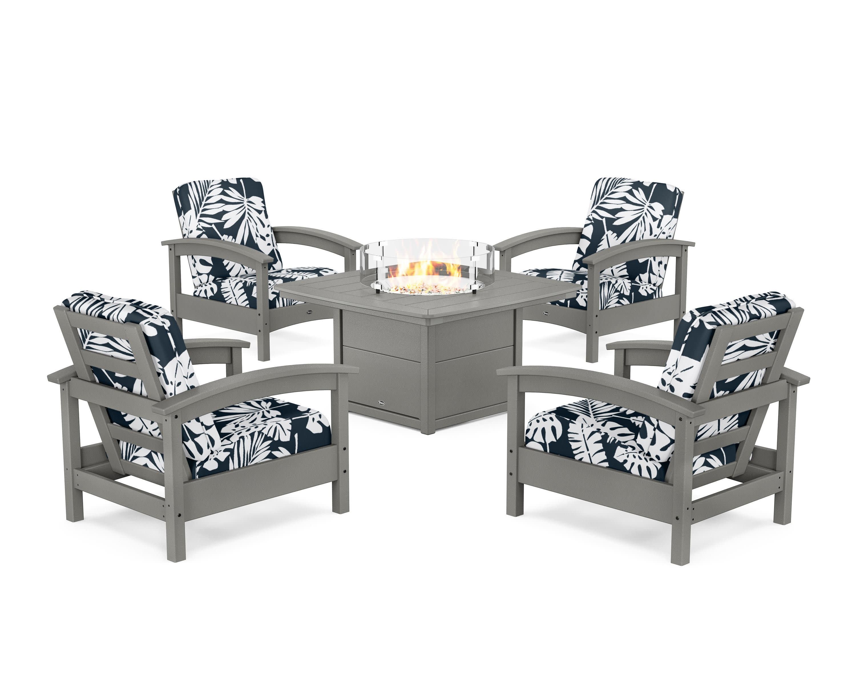 Rockport 5-Piece Deep Seating Set with Yacht Club Fire Pit Table in Stepping Stone / Leaf Marine Indigo