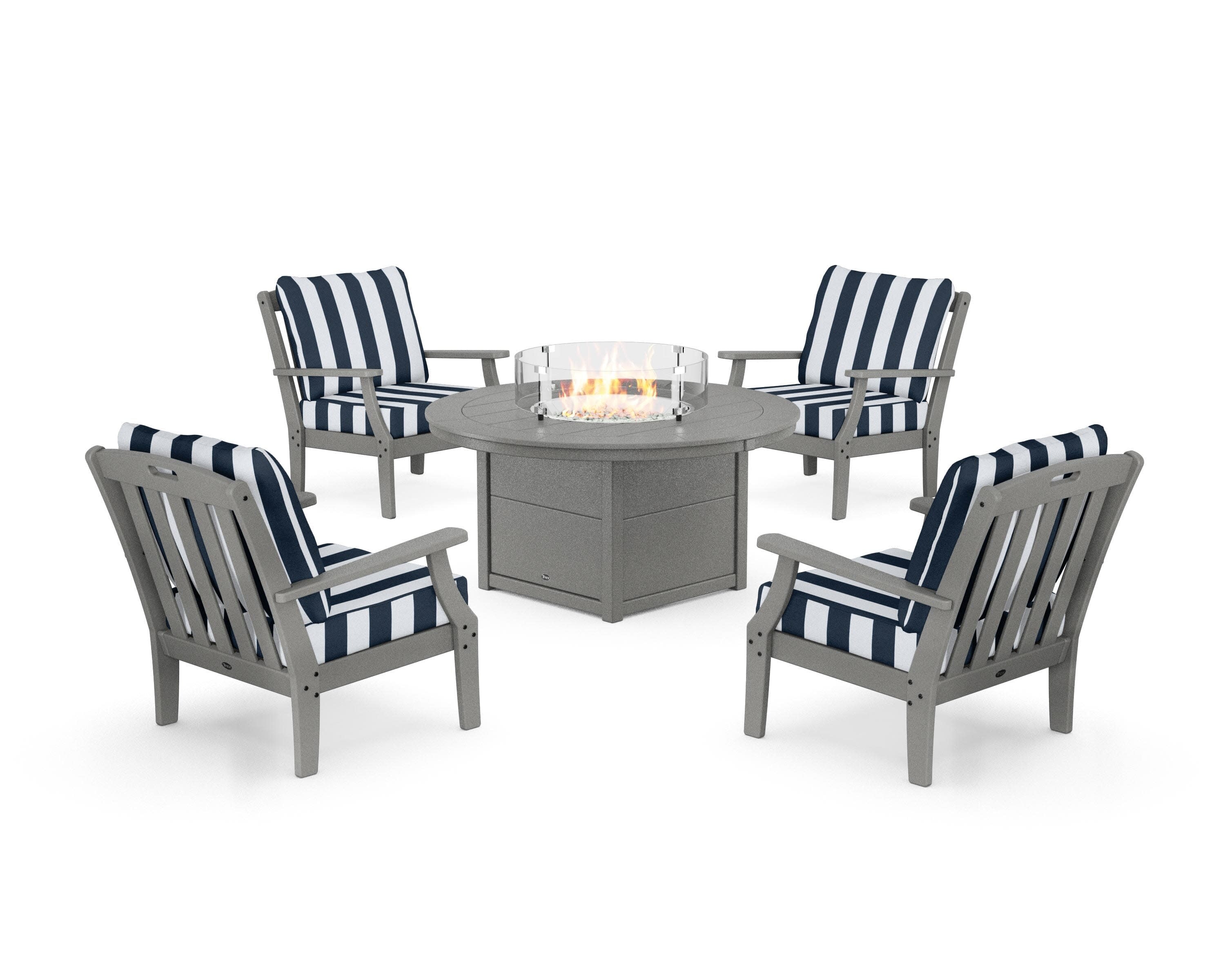 Yacht Club 5-Piece Deep Seating Set with Round Fire Pit Table in Stepping Stone / Cabana Stripe Marine Indigo