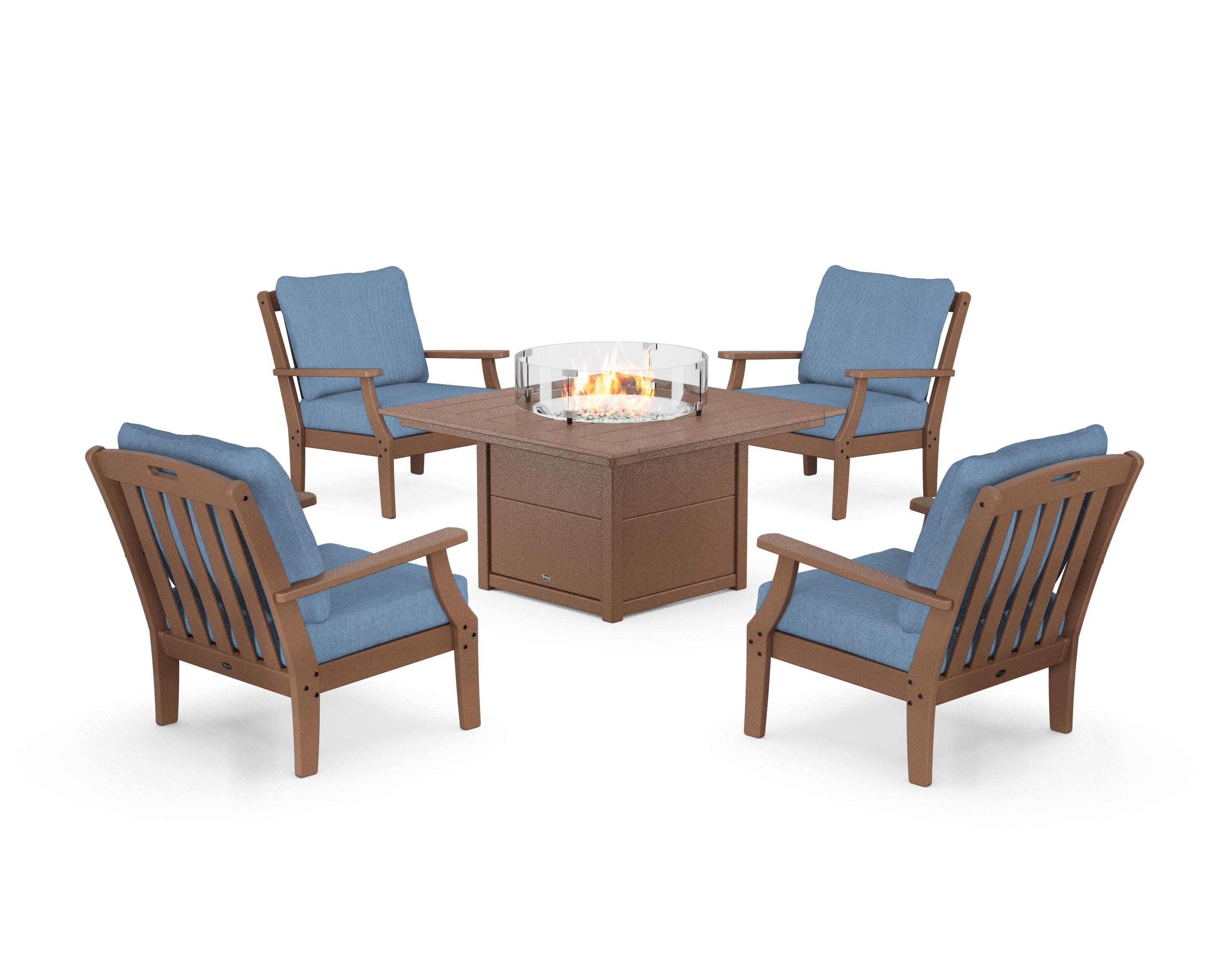 Yacht Club 5-Piece Deep Seating Set with Square Fire Pit Table in Tree House / Sky Blue