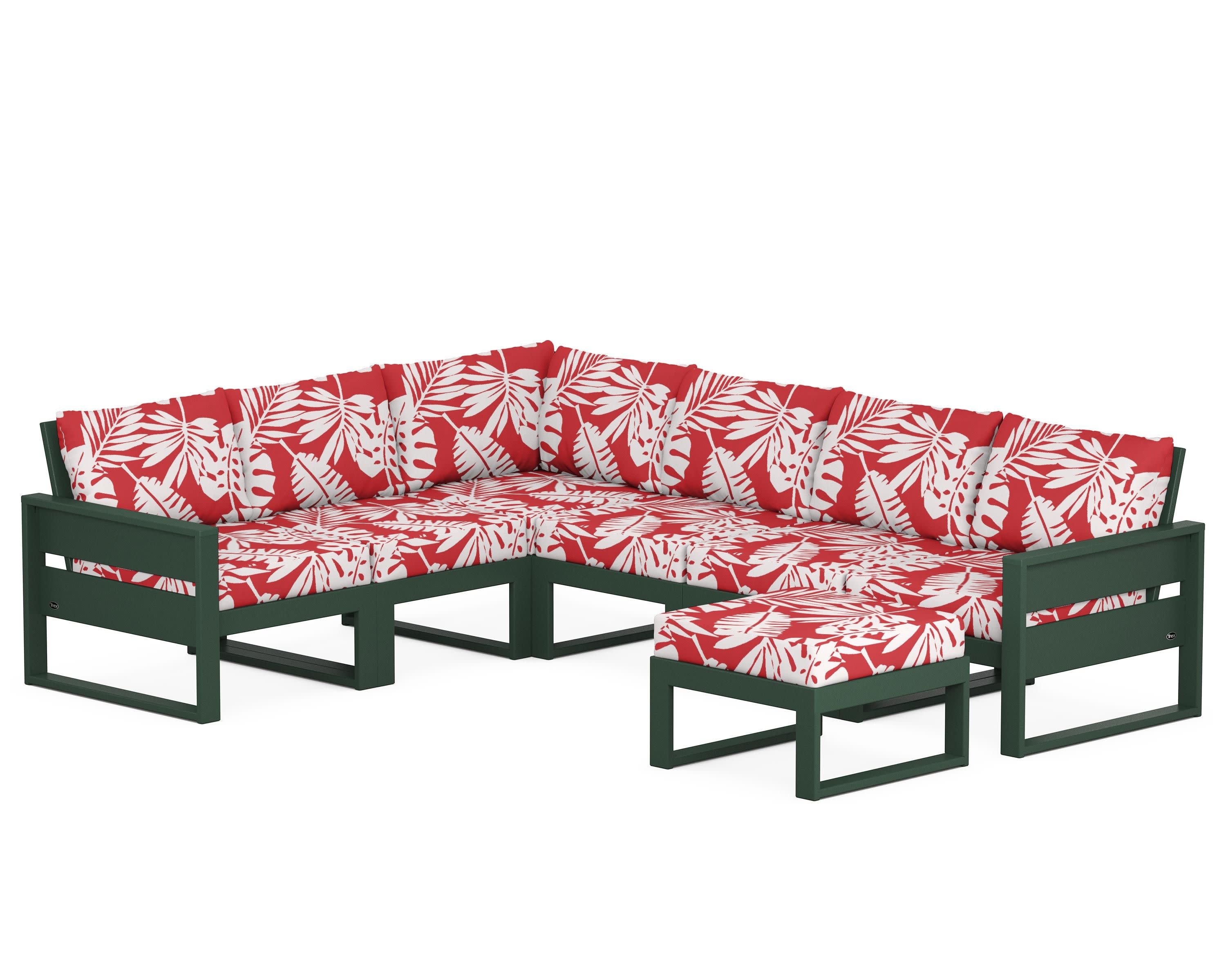 Eastport 6-Piece Sectional with Ottoman in Rainforest Canopy / Leaf Crimson