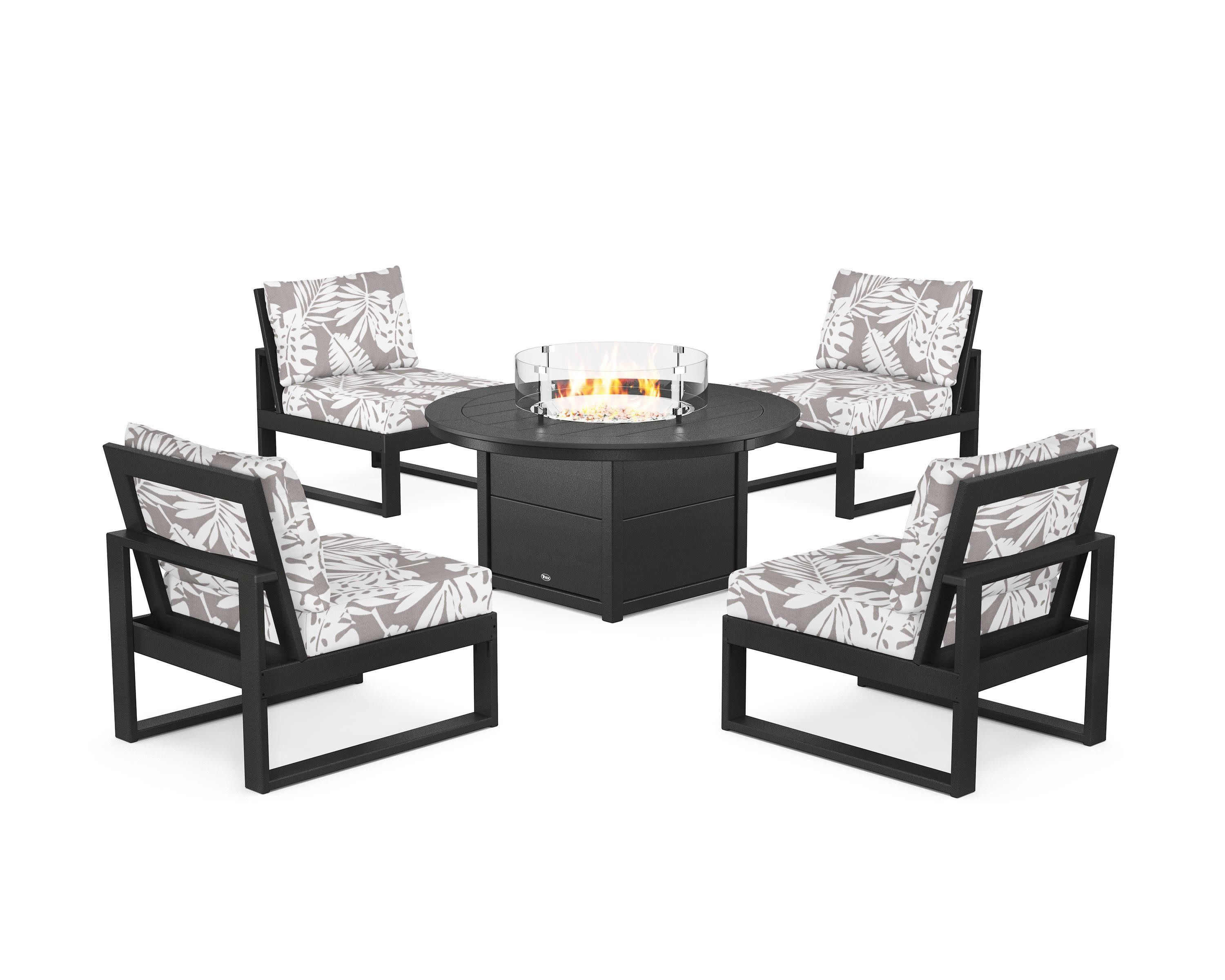 Eastport Modular 5-Piece Deep Seating Set with Round Fire Pit Table in Charcoal Black / Leaf Grey Mist