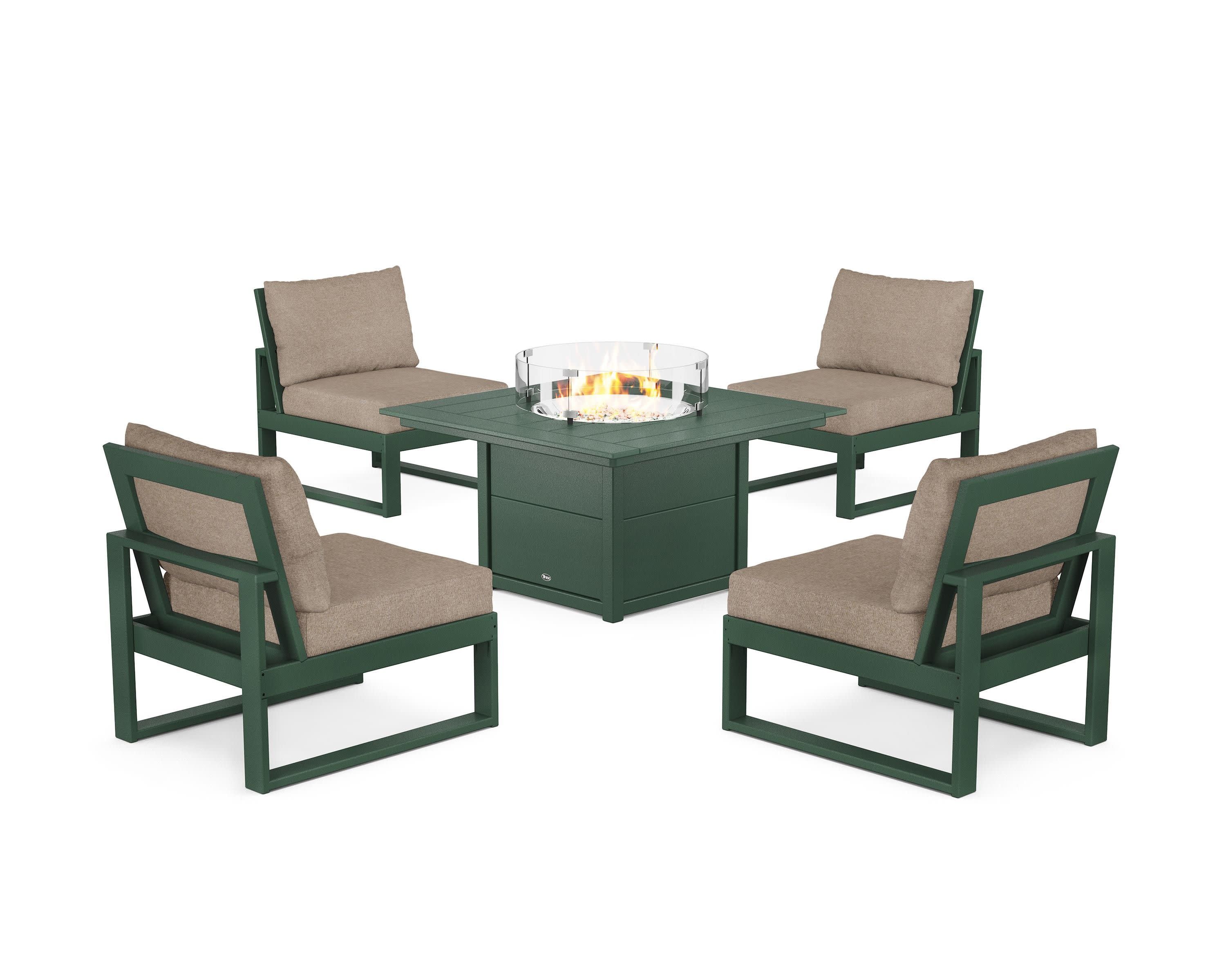 Eastport Modular 5-Piece Deep Seating Set with Square Fire Pit Table in Rainforest Canopy / Spiced Burlap