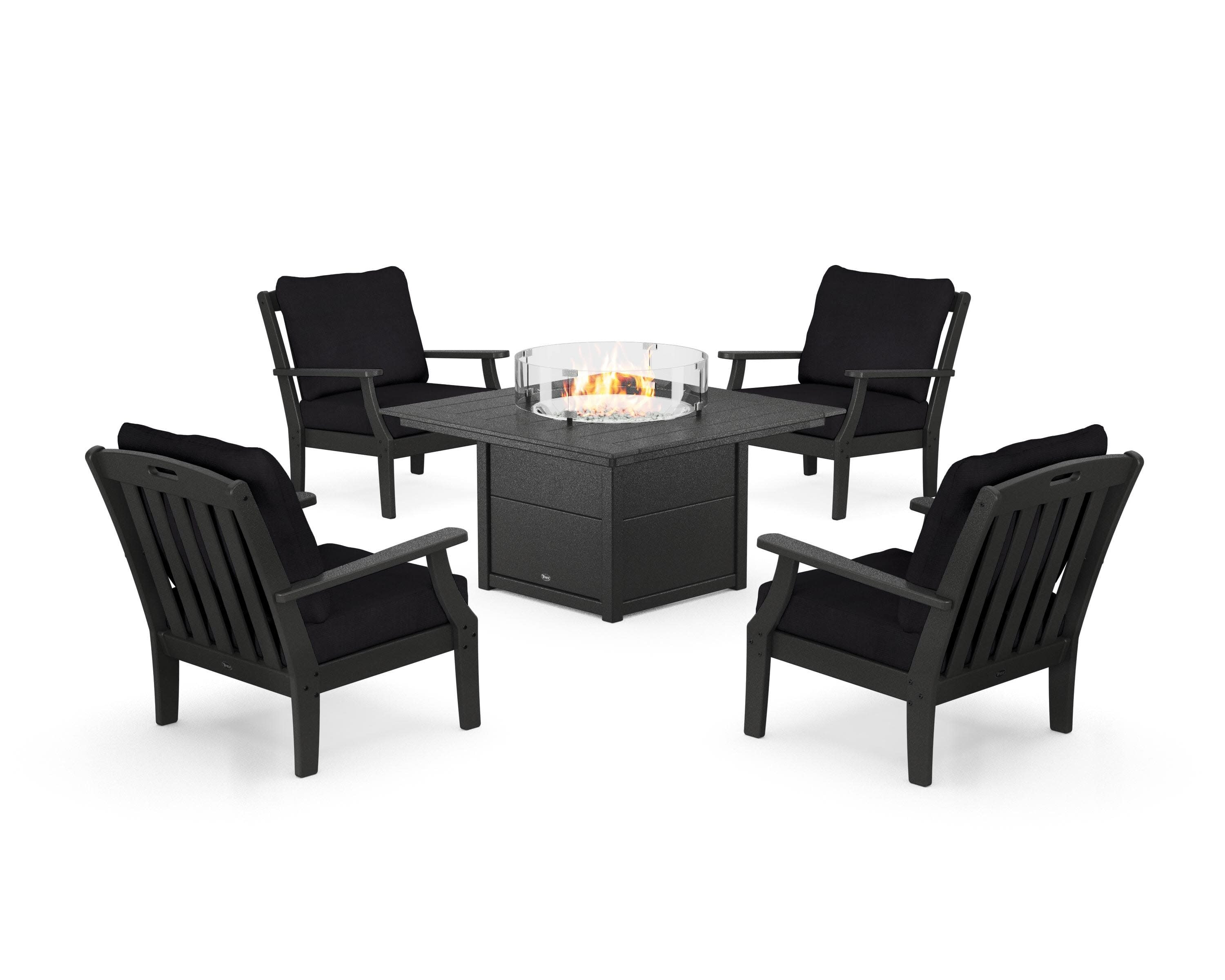 Yacht Club 5-Piece Deep Seating Set with Square Fire Pit Table in Charcoal Black / Midnight Linen