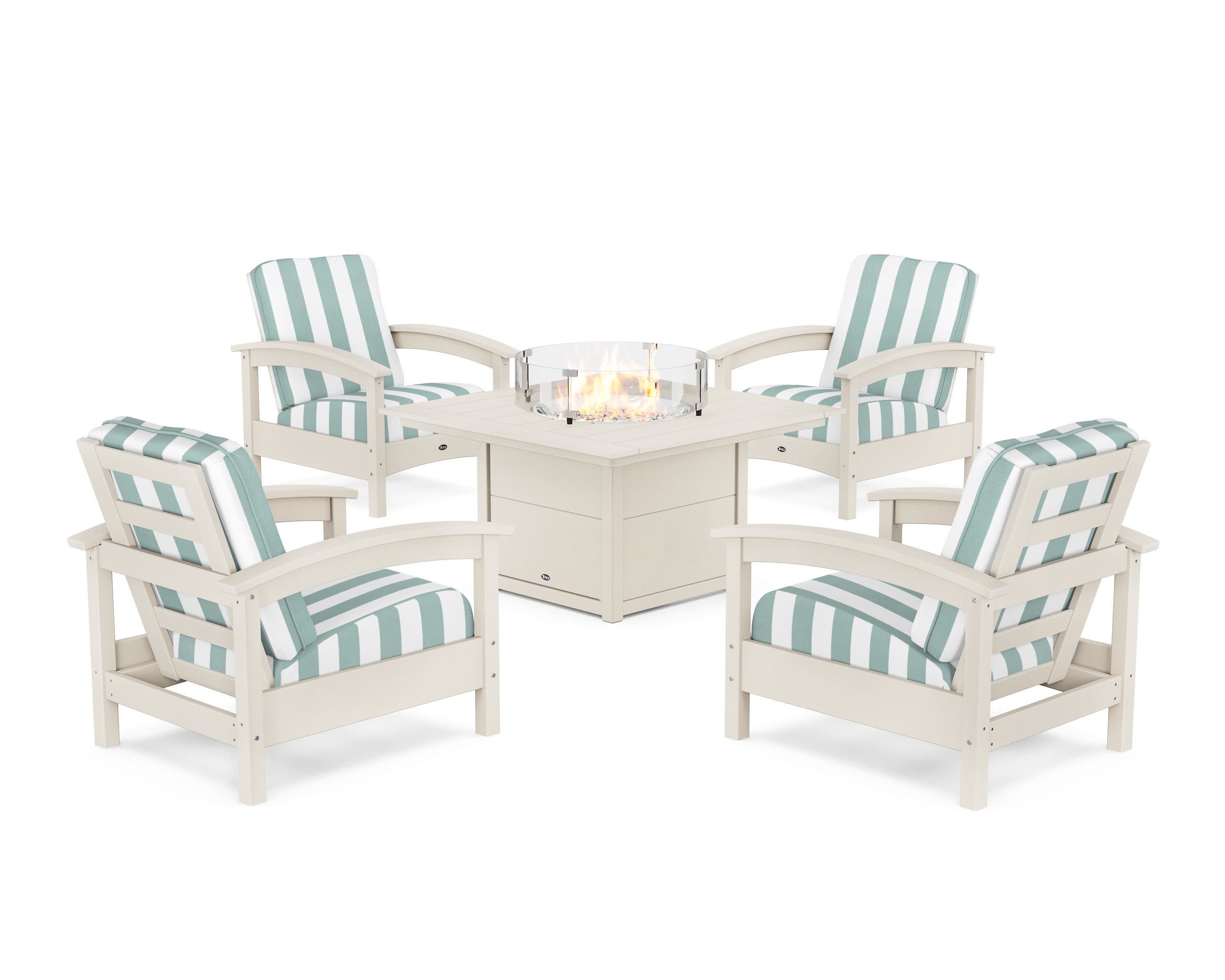 Rockport 5-Piece Deep Seating Set with Square Fire Pit Table in Sand Castle / Cabana Stripe Glacier Spa
