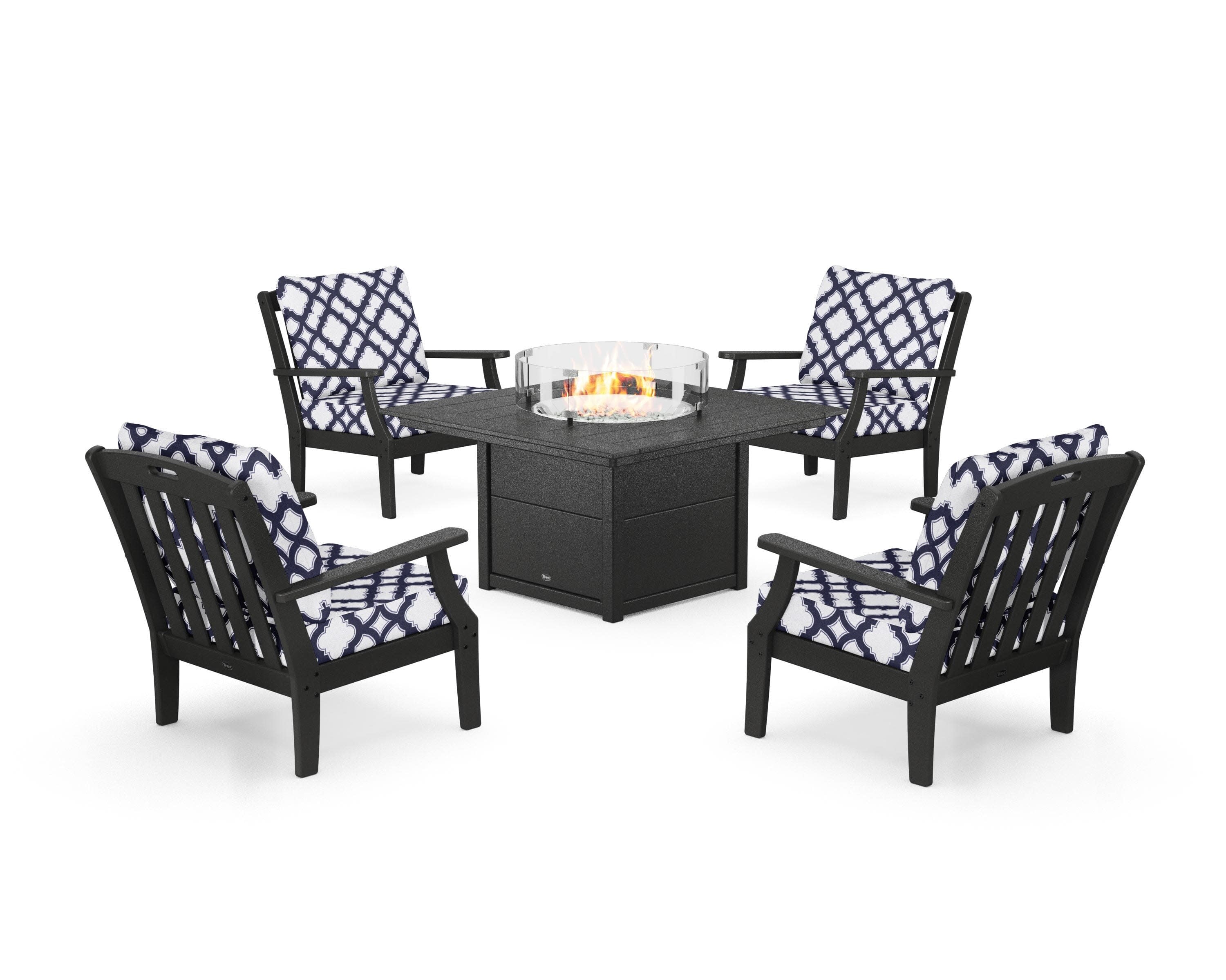 Yacht Club 5-Piece Deep Seating Set with Square Fire Pit Table in Charcoal Black / Trellis Navy