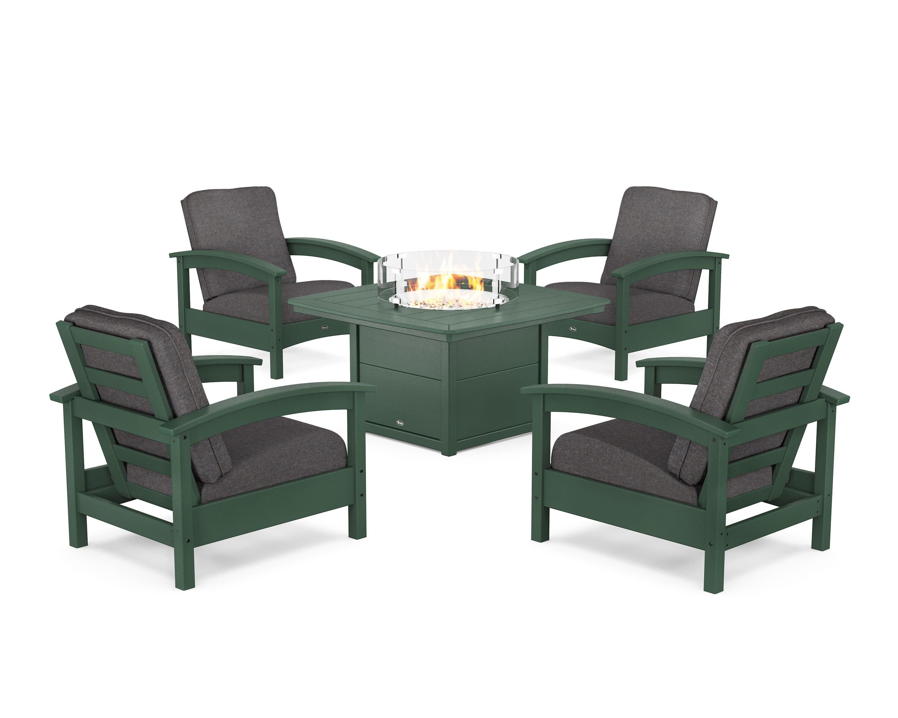 Rockport 5-Piece Deep Seating Set with Yacht Club Fire Pit Table in Rainforest Canopy / Ash Charcoal