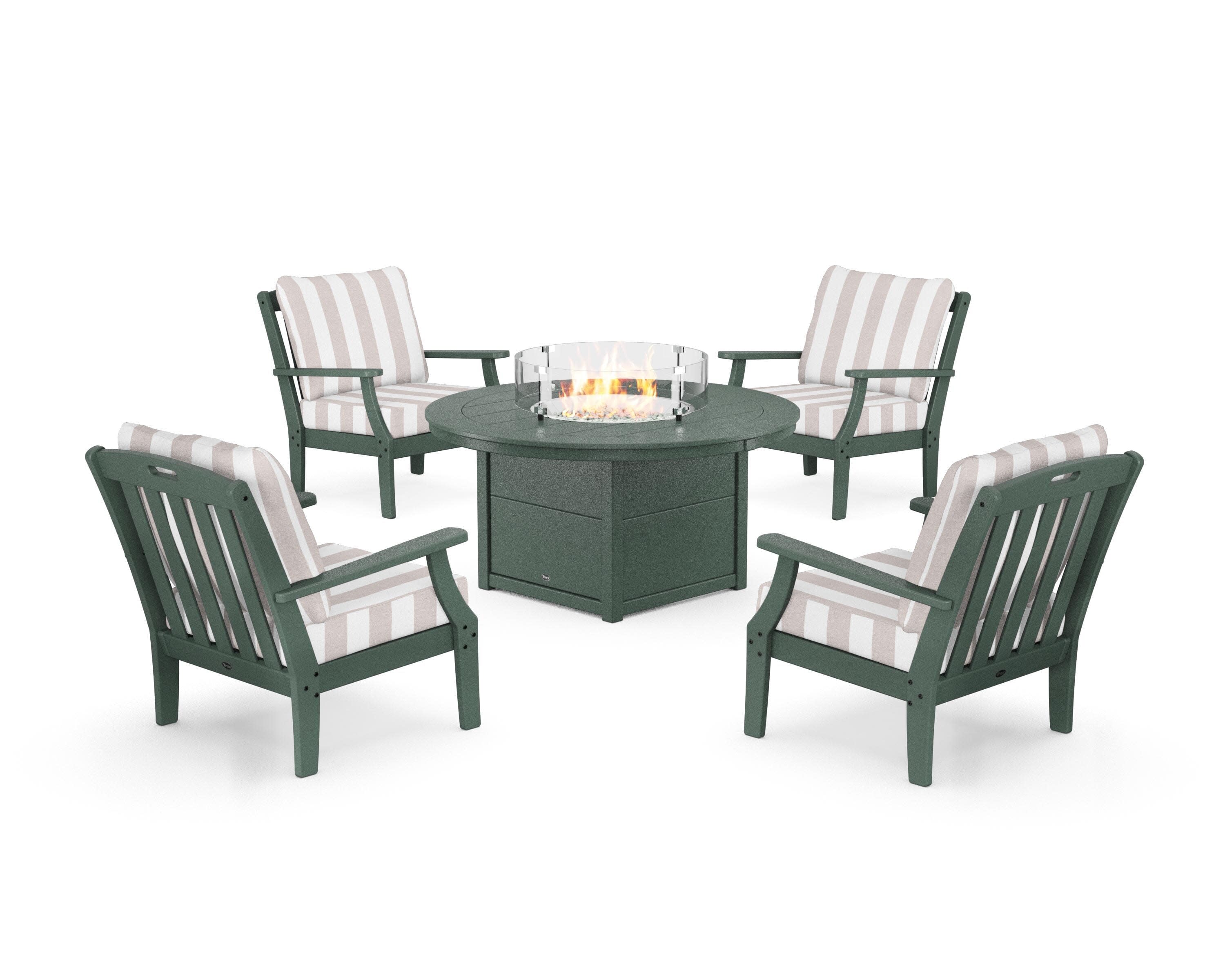 Yacht Club 5-Piece Deep Seating Set with Round Fire Pit Table in Rainforest Canopy / Cabana Stripe Dune Burlap