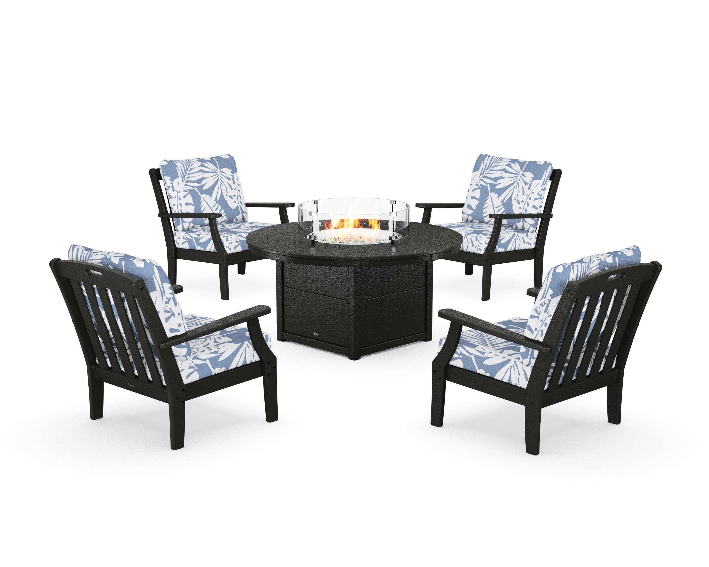 Yacht Club 5-Piece Deep Seating Set with Round Fire Pit Table in Charcoal Black / Leaf Sky Blue