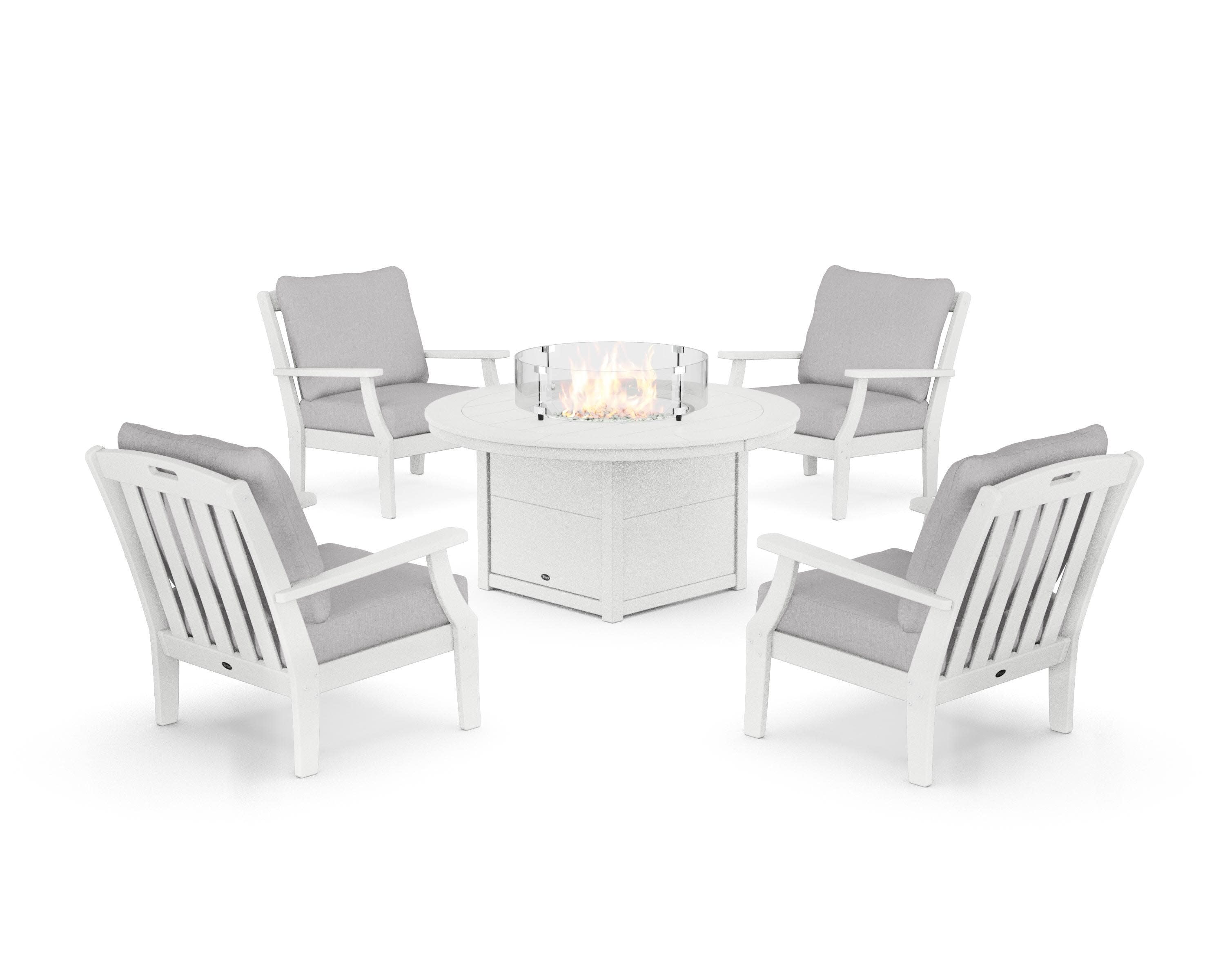 Yacht Club 5-Piece Deep Seating Set with Round Fire Pit Table in Classic White / Granite