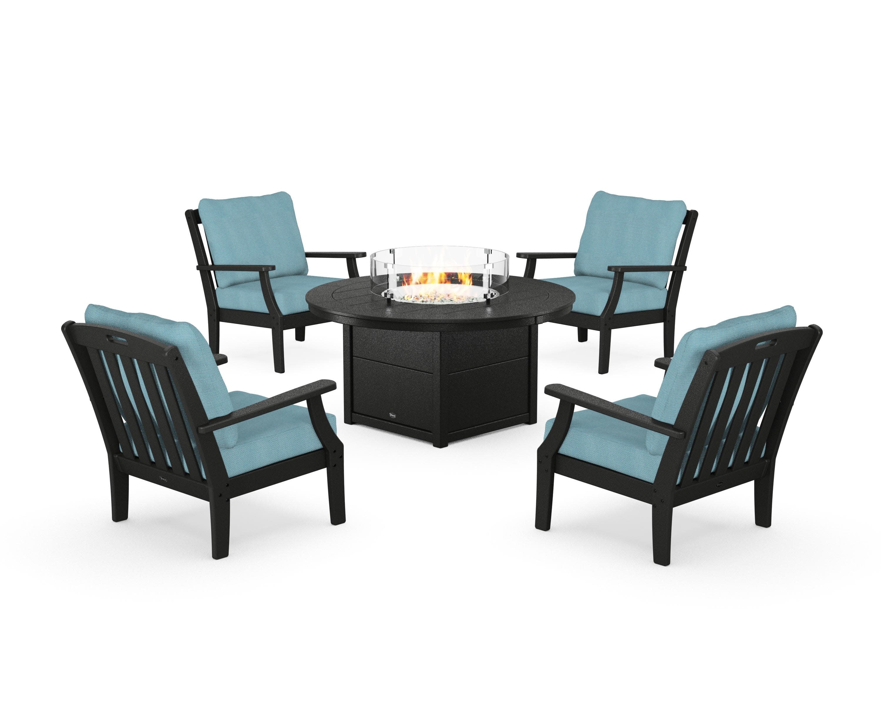 Yacht Club 5-Piece Deep Seating Set with Round Fire Pit Table in Charcoal Black / Lattice Sky Blue