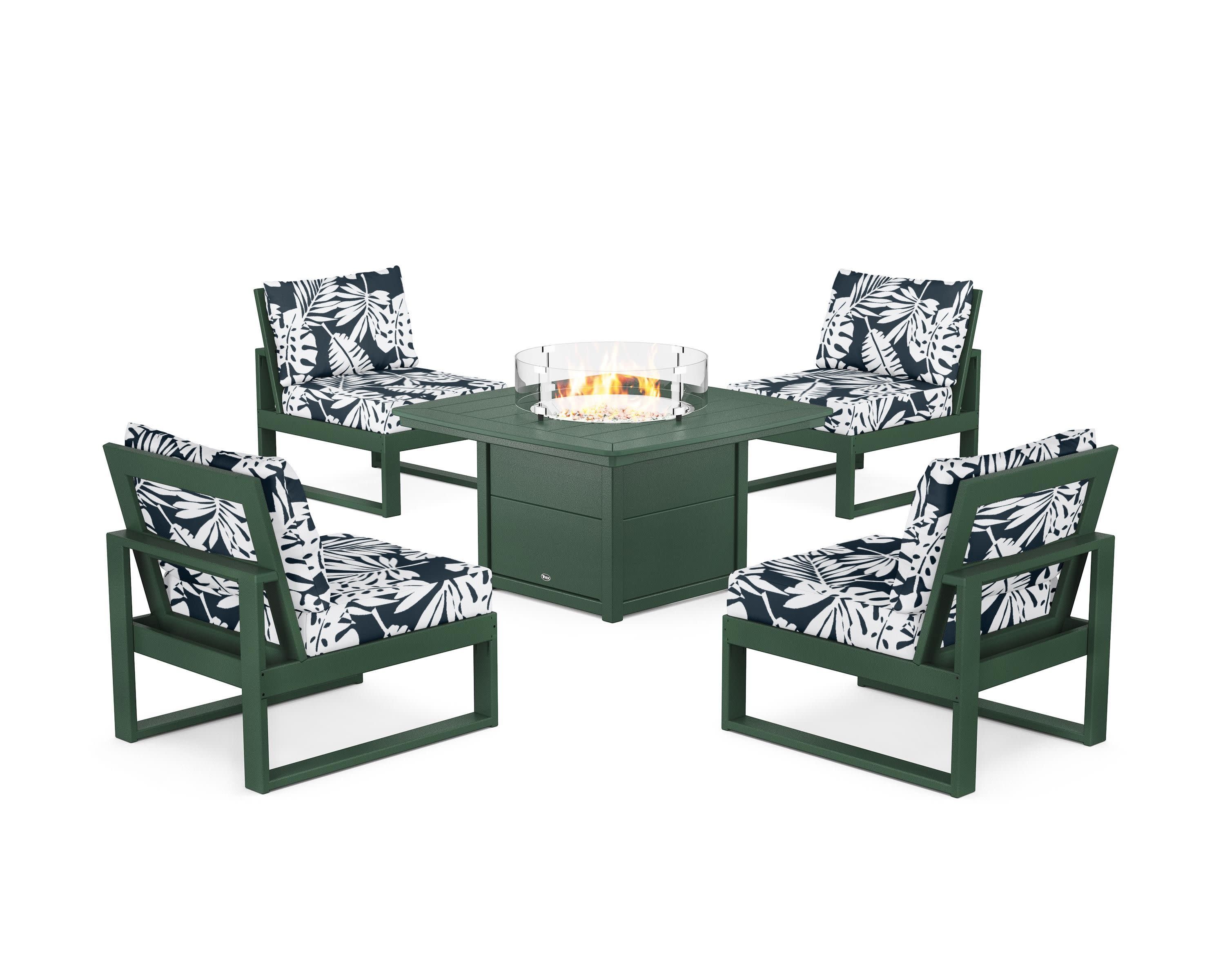 Eastport Modular 5-Piece Deep Seating Set with Yacht Club Fire Pit Table in Rainforest Canopy / Leaf Marine Indigo