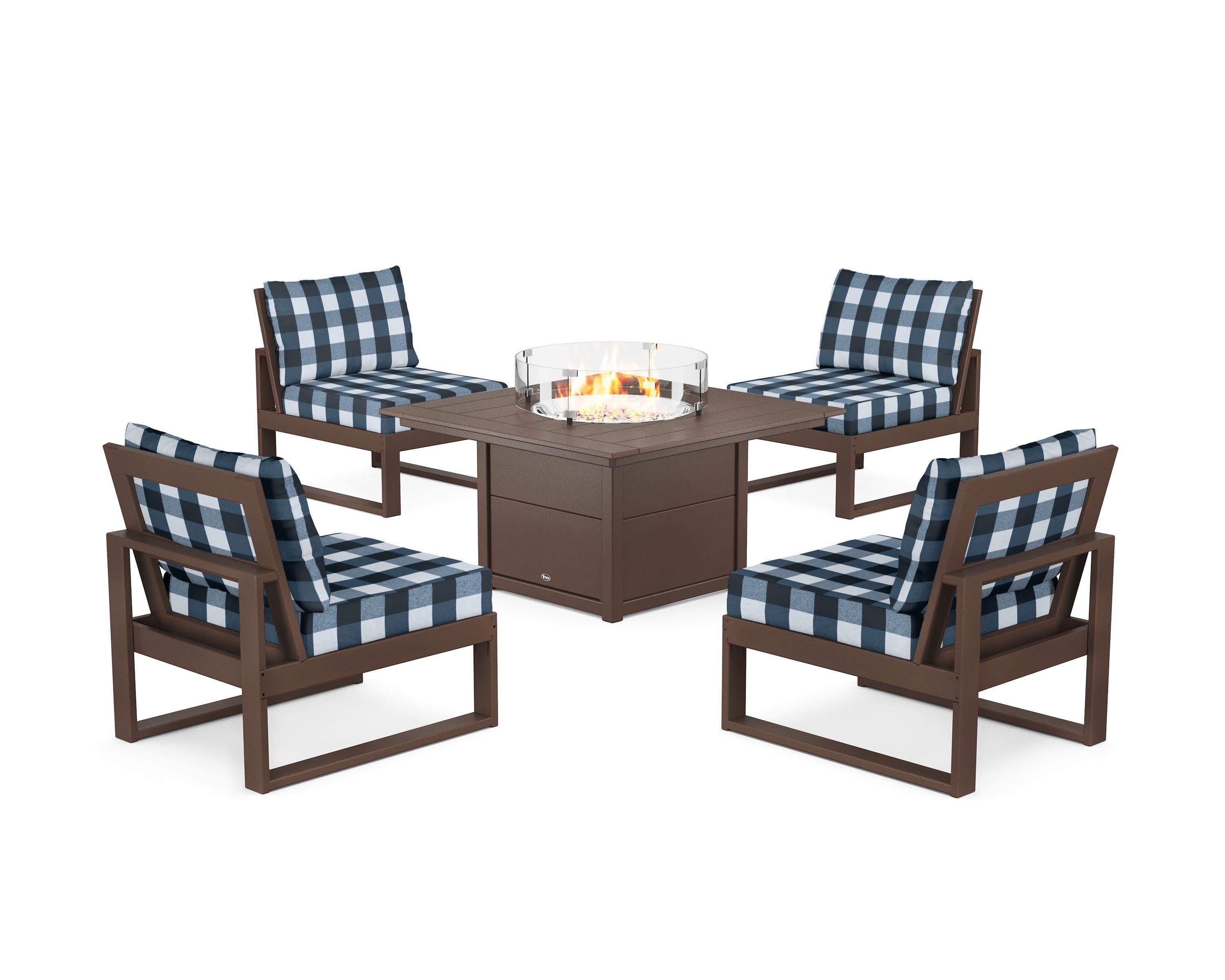 Eastport Modular 5-Piece Deep Seating Set with Square Fire Pit Table in Vintage Lantern / Buffalo Plaid Marine Indigo