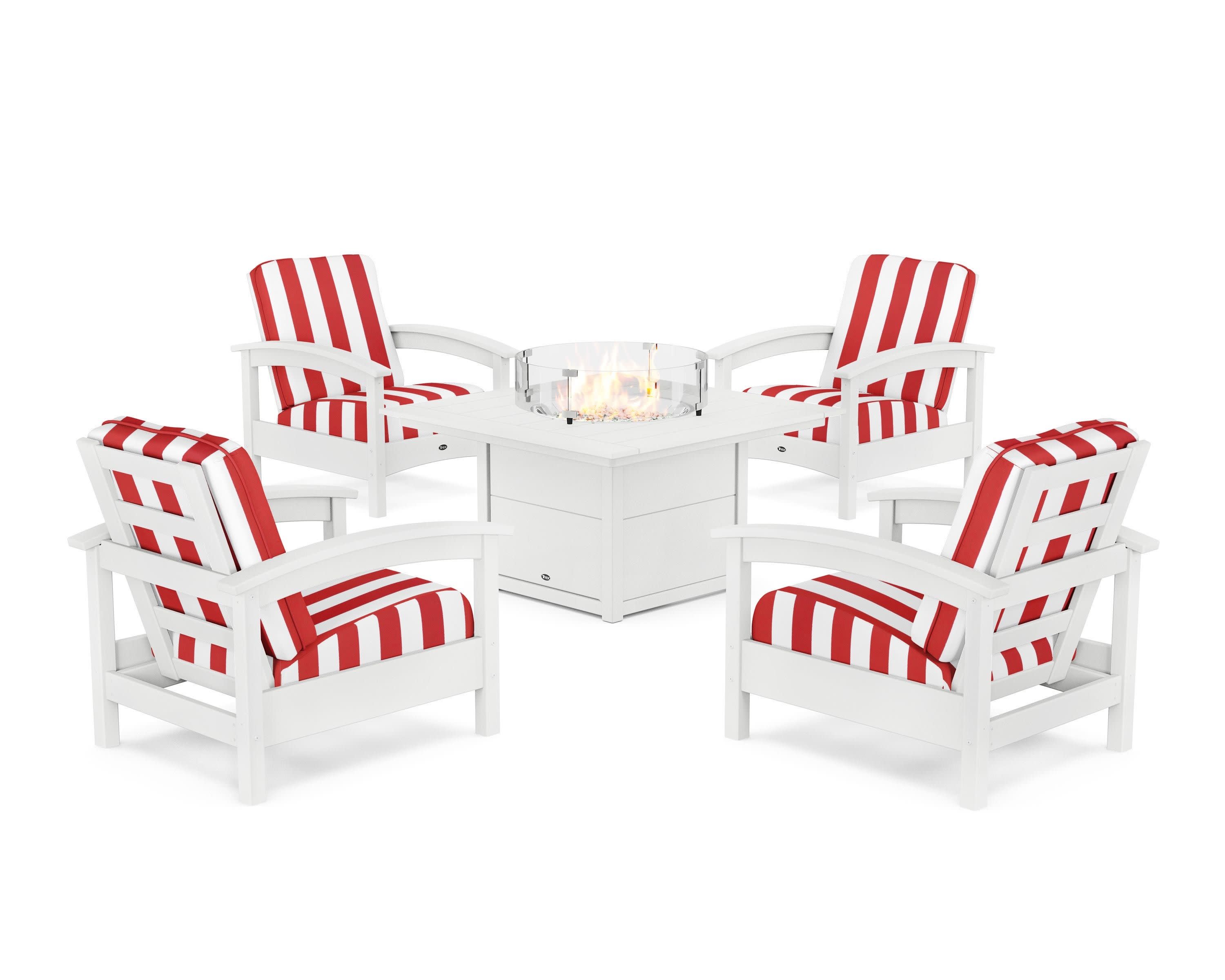 Rockport 5-Piece Deep Seating Set with Square Fire Pit Table in Classic White / Cabana Stripe Crimson