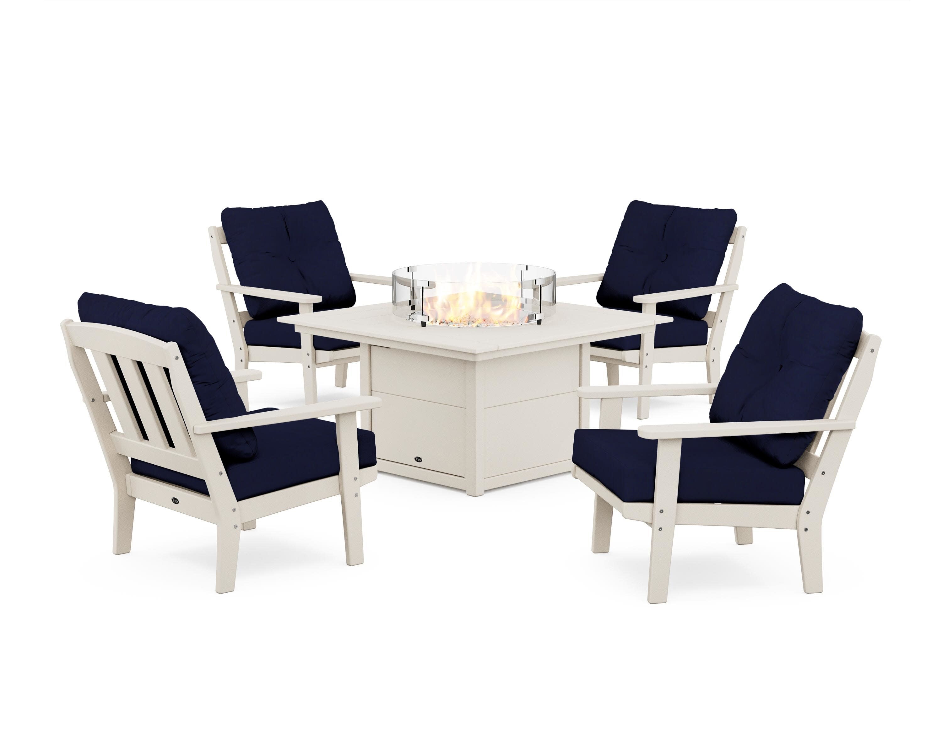 Cape Cod 5-Piece Deep Seating Set with Fire Pit Table in Sand Castle / Navy