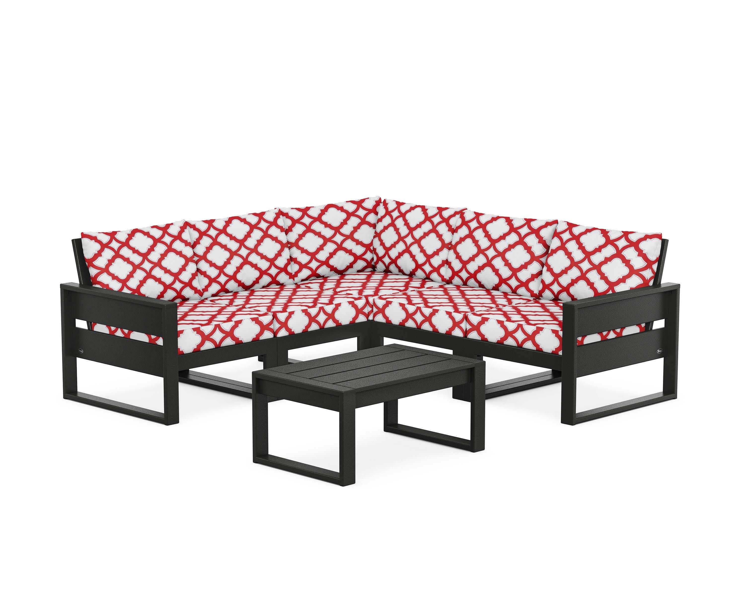 Eastport 6-Piece Deep Seating Sectional + Coffee Table Set in Charcoal Black / Trellis Crimson