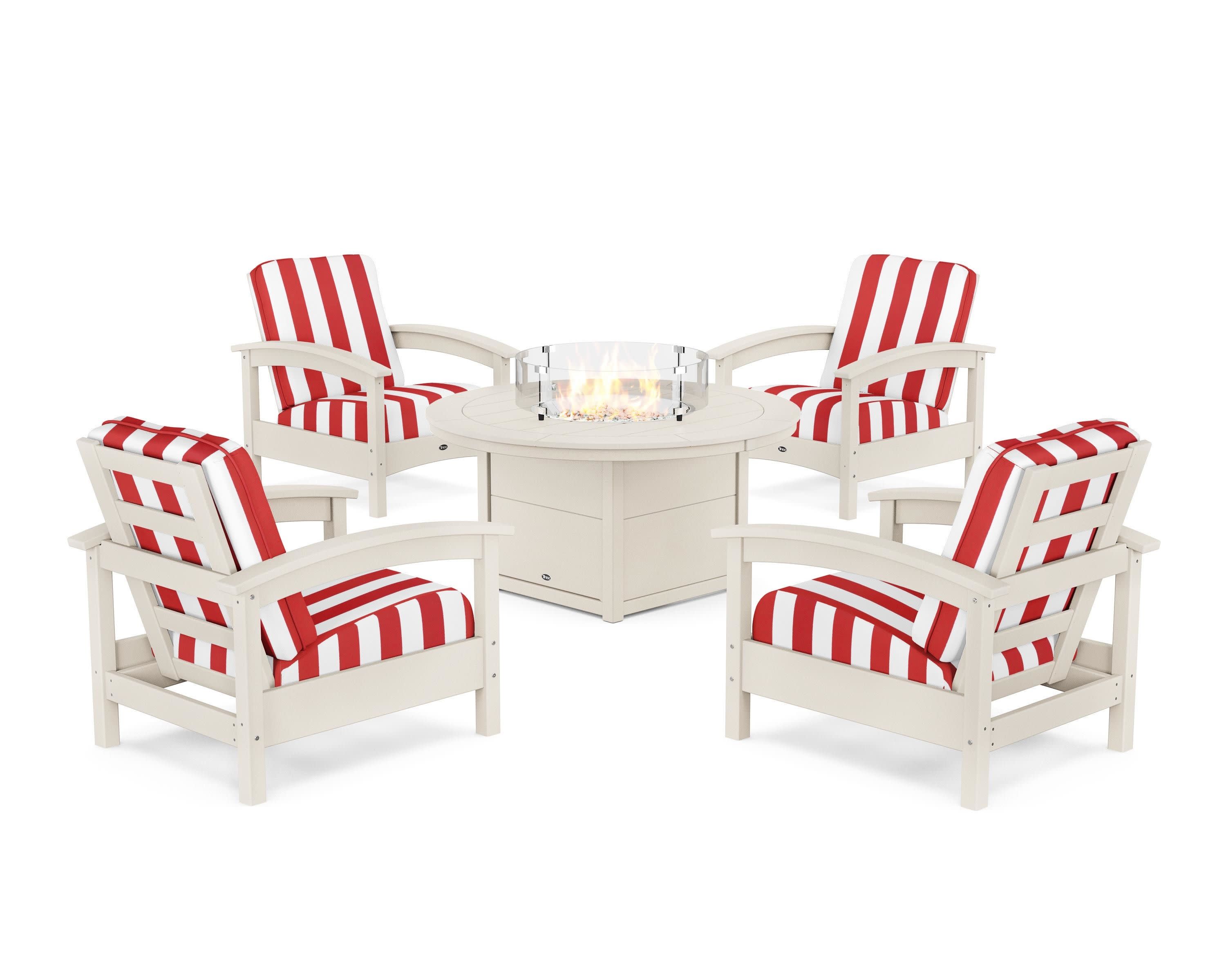 Rockport 5-Piece Deep Seating Set with Round Fire Pit Table in Sand Castle / Cabana Stripe Crimson