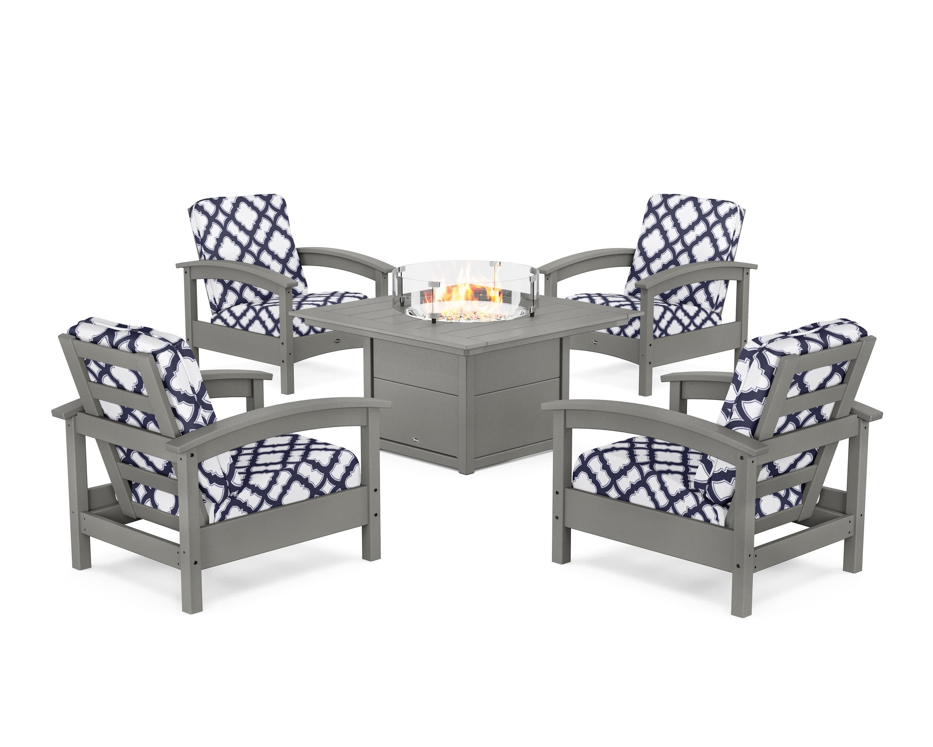 Rockport 5-Piece Deep Seating Set with Square Fire Pit Table in Stepping Stone / Trellis Navy