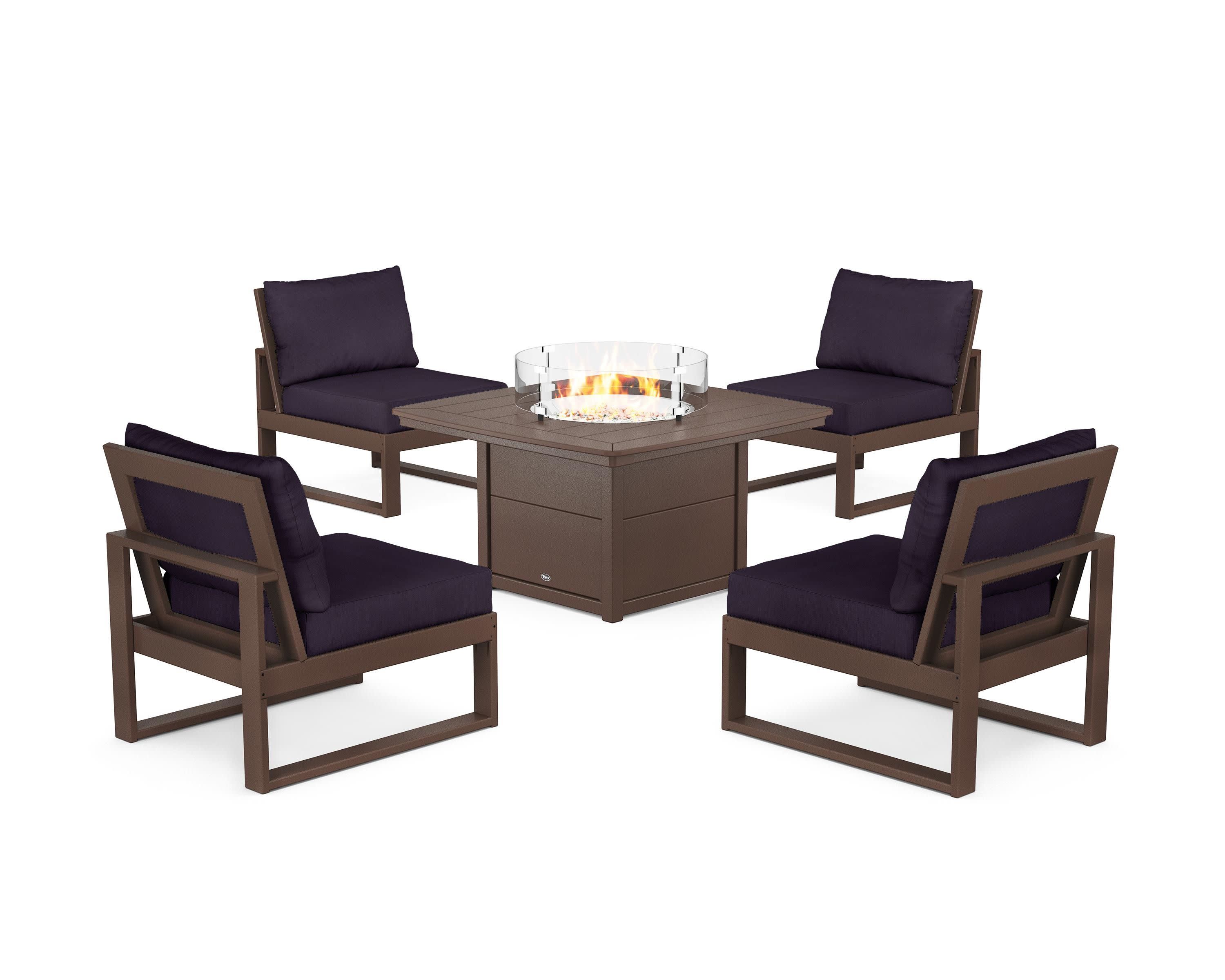 Eastport Modular 5-Piece Deep Seating Set with Yacht Club Fire Pit Table in Vintage Lantern / Navy Linen