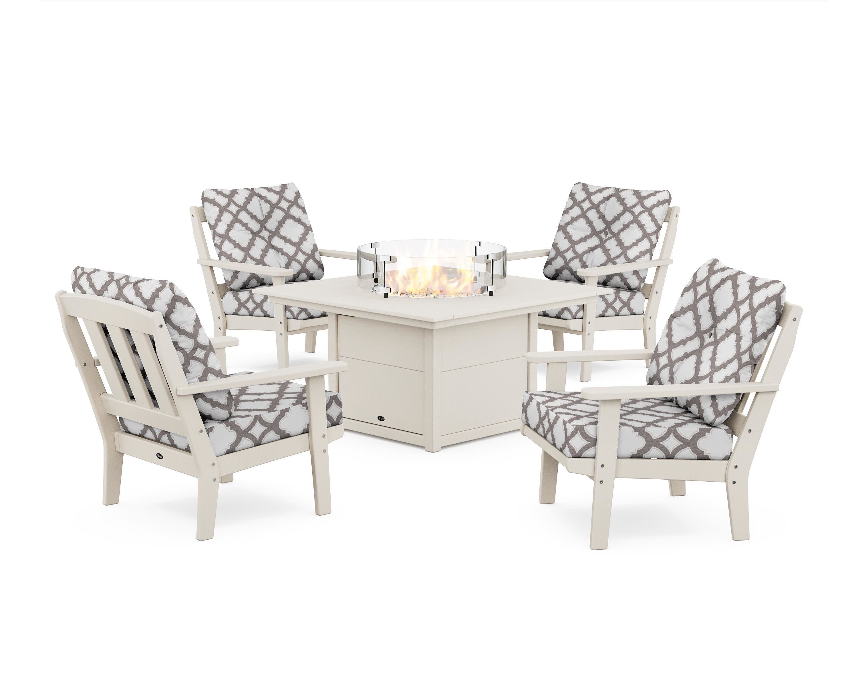 Cape Cod 5-Piece Deep Seating Set with Fire Pit Table in Sand Castle / Trellis Grey Mist