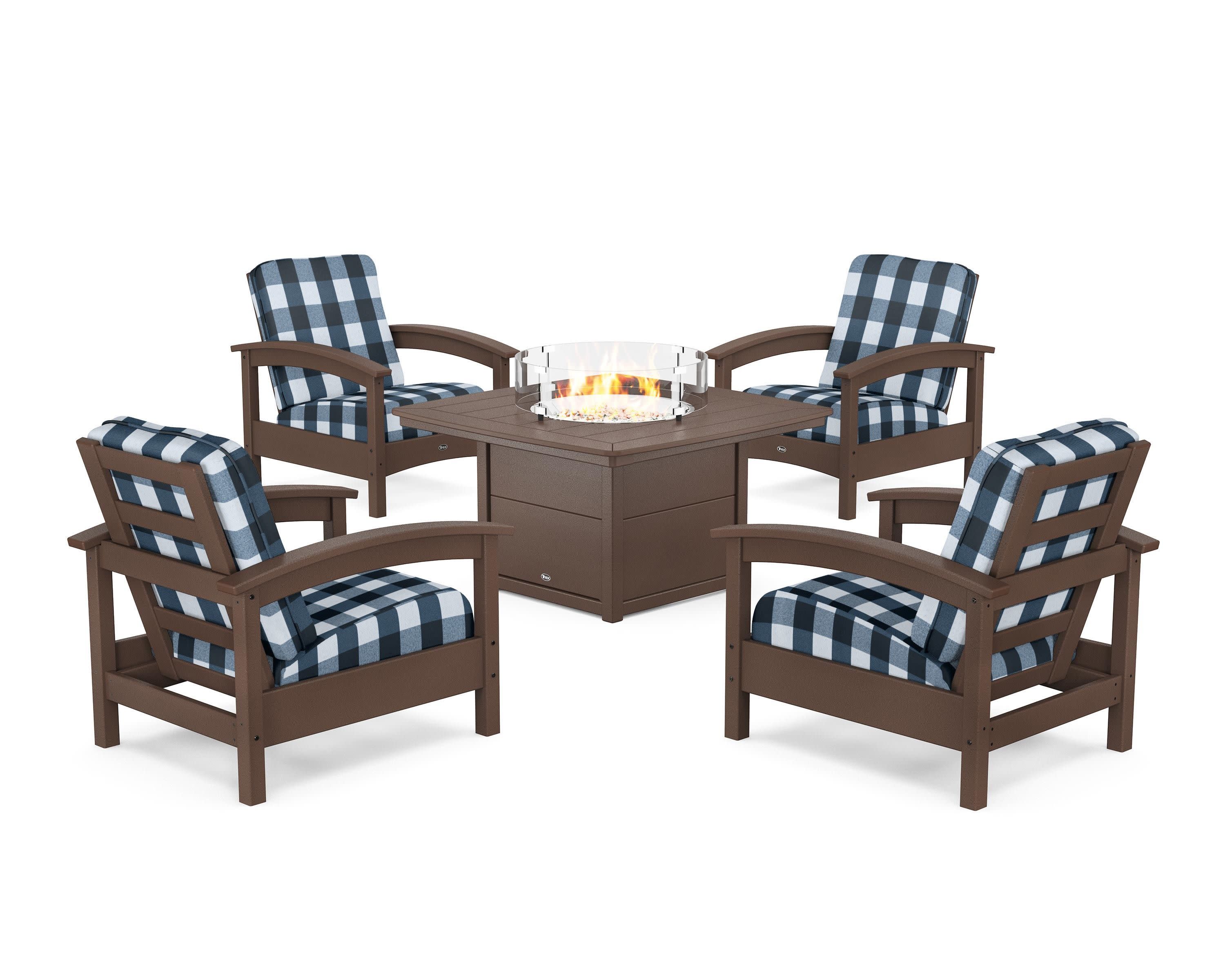 Rockport 5-Piece Deep Seating Set with Yacht Club Fire Pit Table in Vintage Lantern / Buffalo Plaid Marine Indigo