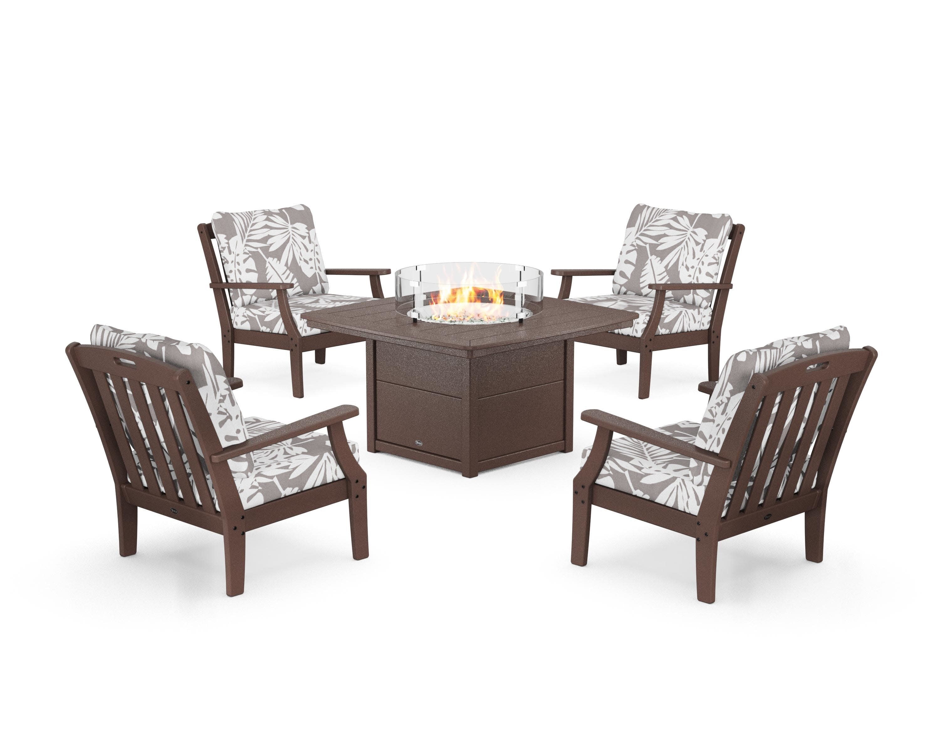 Yacht Club 5-Piece Deep Seating Set with Fire Pit Table in Vintage Lantern / Leaf Grey Mist
