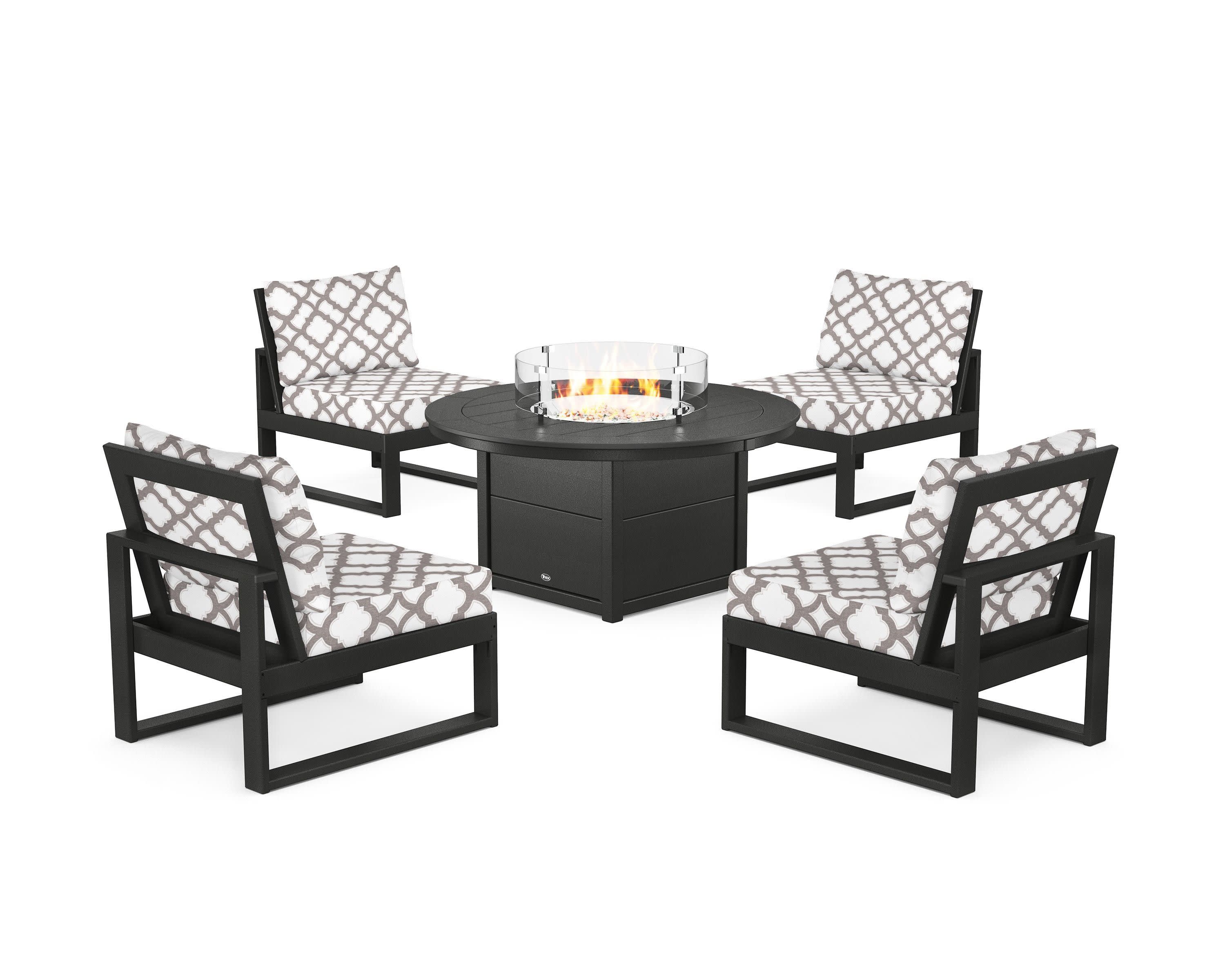 Eastport Modular 5-Piece Deep Seating Set with Round Fire Pit Table in Charcoal Black / Trellis Grey Mist