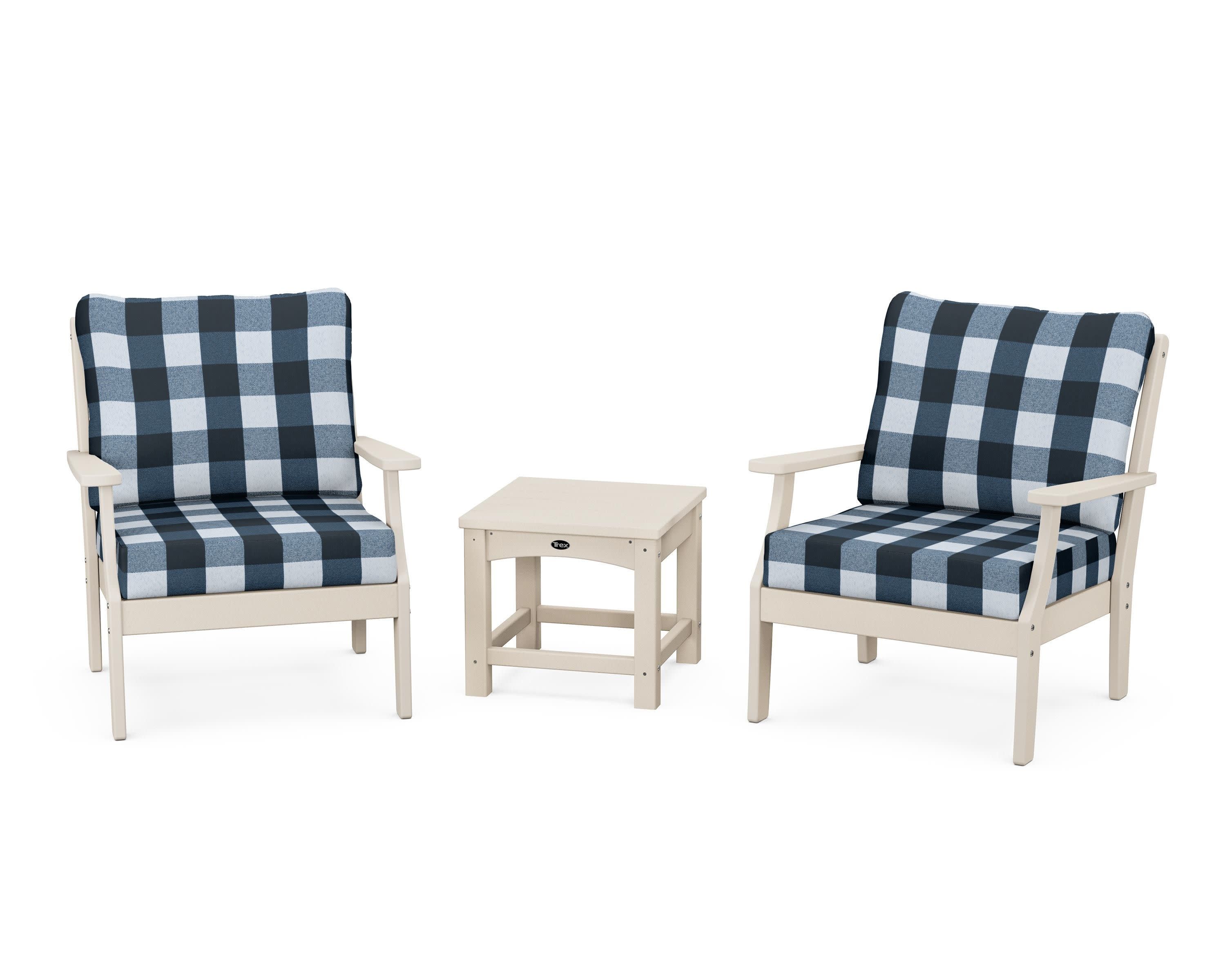 Yacht Club 3-Piece Deep Seating Set in Sand Castle / Buffalo Plaid Marine Indigo