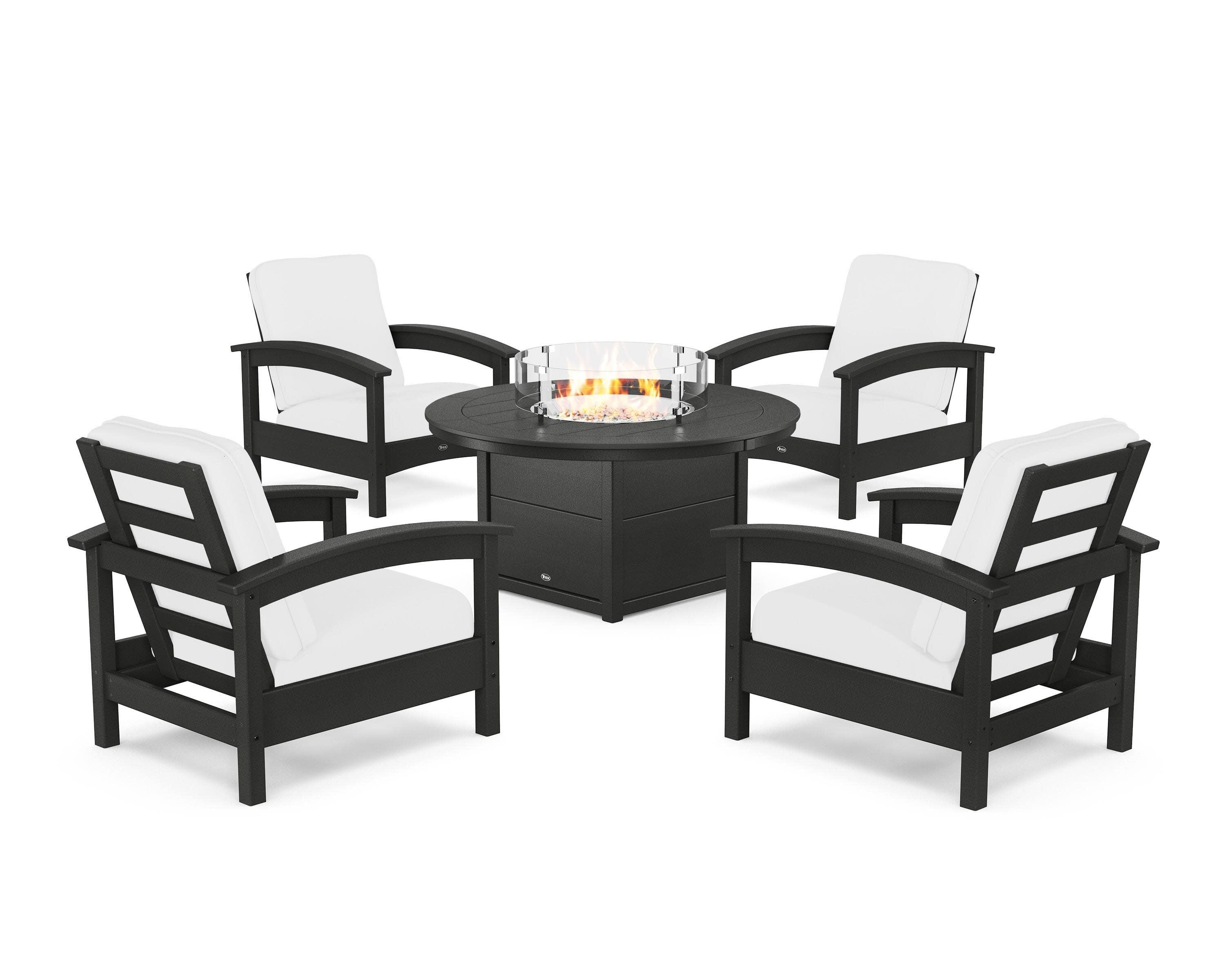 Rockport 5-Piece Deep Seating Set with Round Fire Pit Table in Charcoal Black / Natural