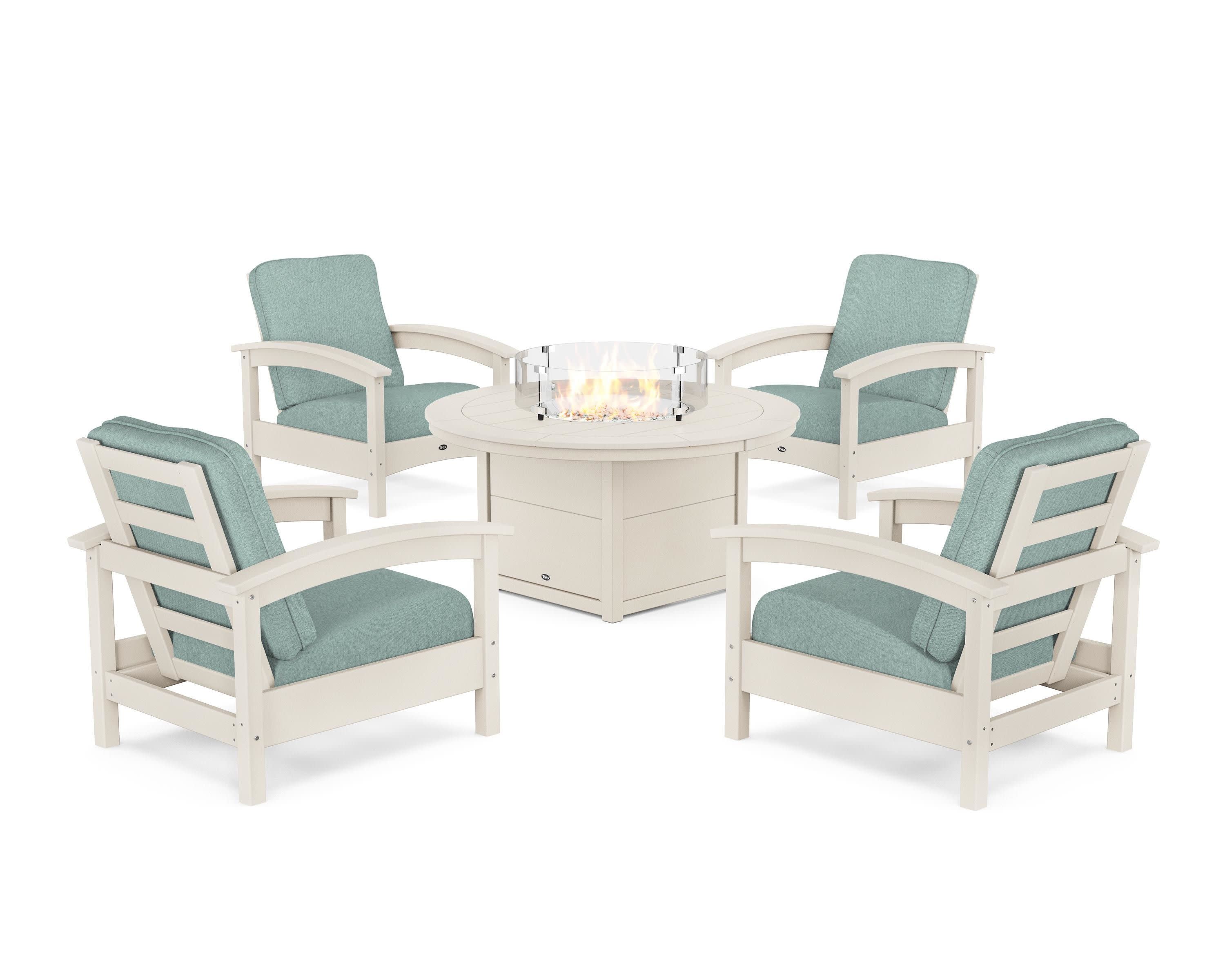 Rockport 5-Piece Deep Seating Set with Round Fire Pit Table in Sand Castle / Glacier Spa