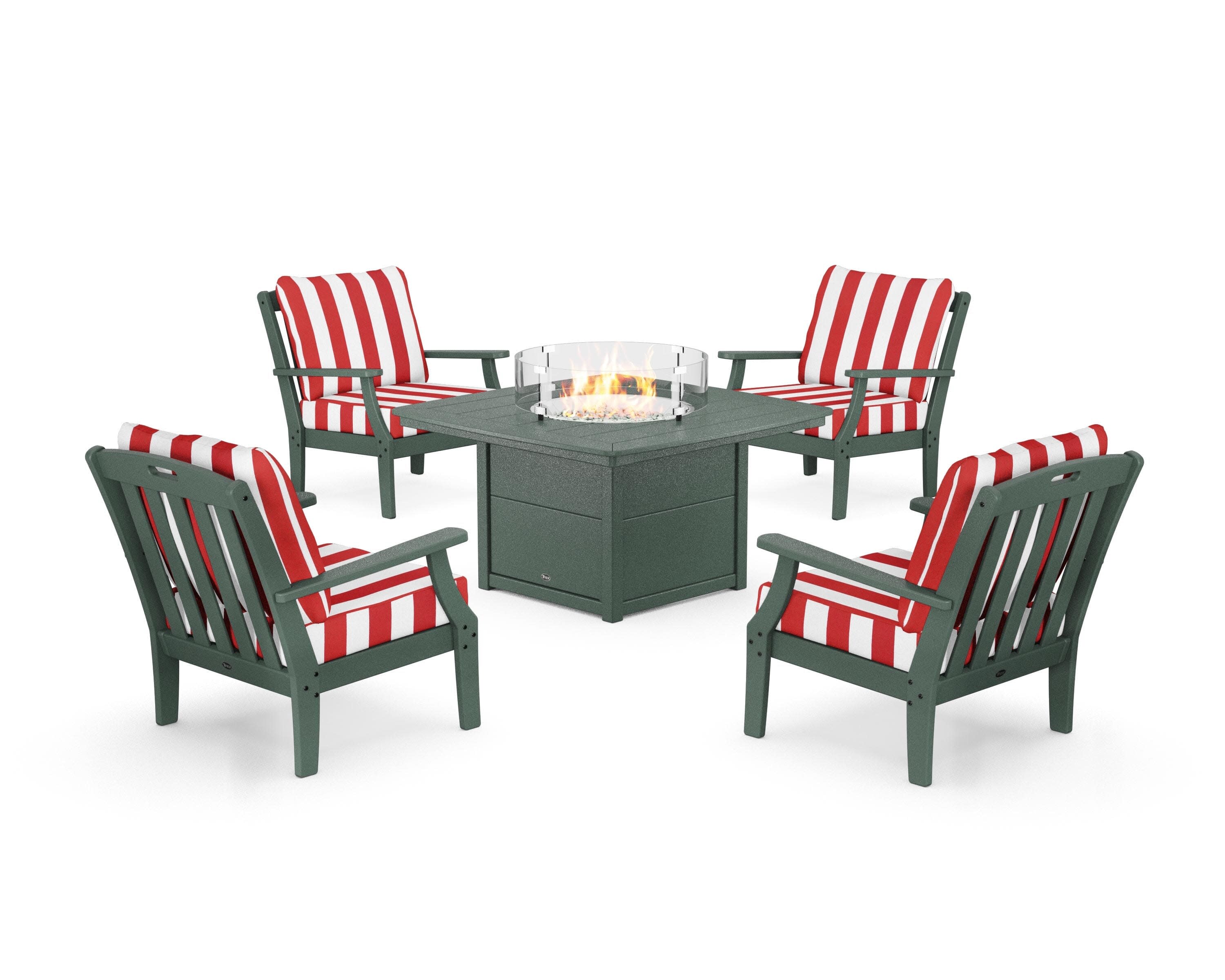 Yacht Club 5-Piece Deep Seating Set with Fire Pit Table in Rainforest Canopy / Cabana Stripe Crimson
