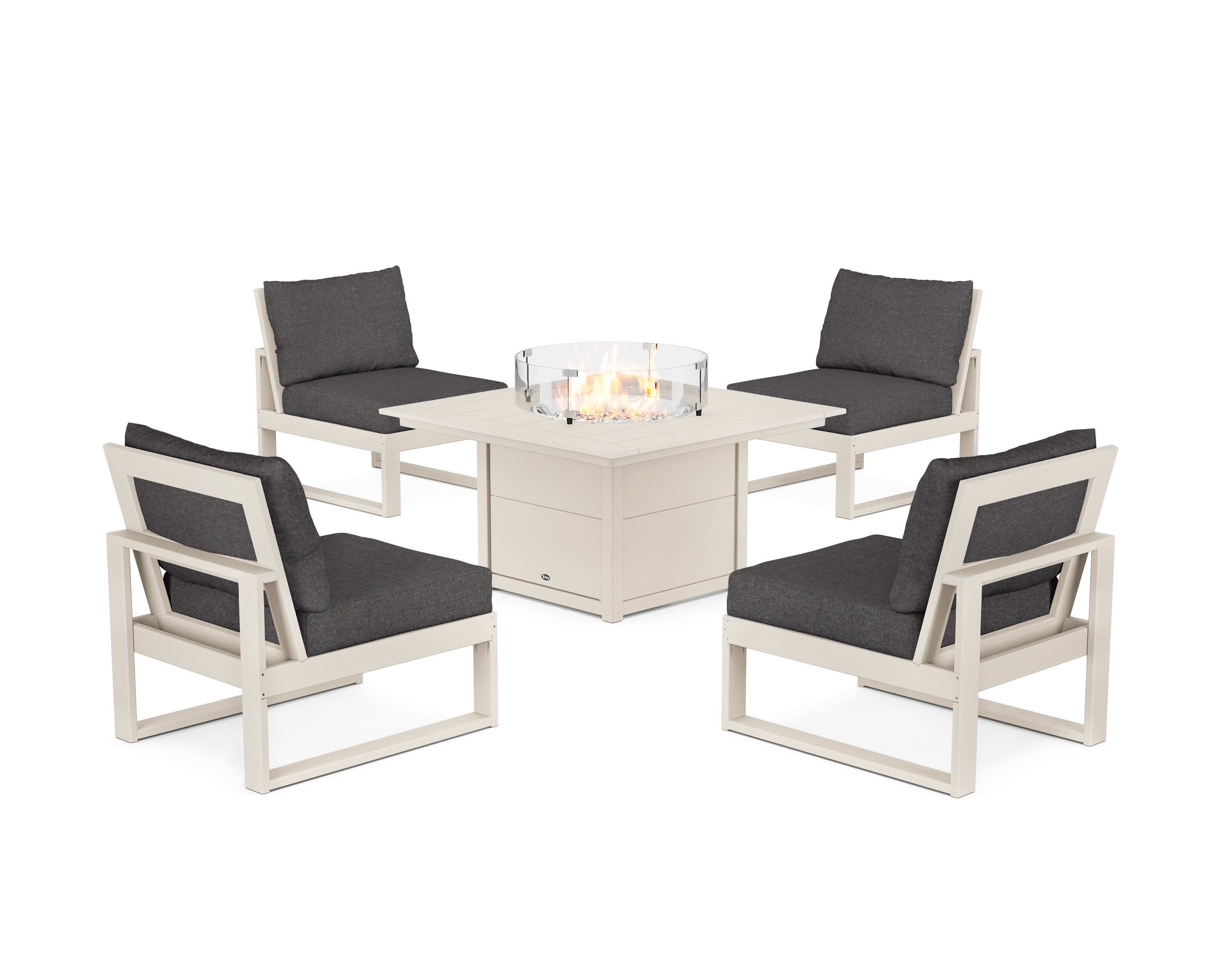 Eastport Modular 5-Piece Deep Seating Set with Square Fire Pit Table in Sand Castle / Ash Charcoal
