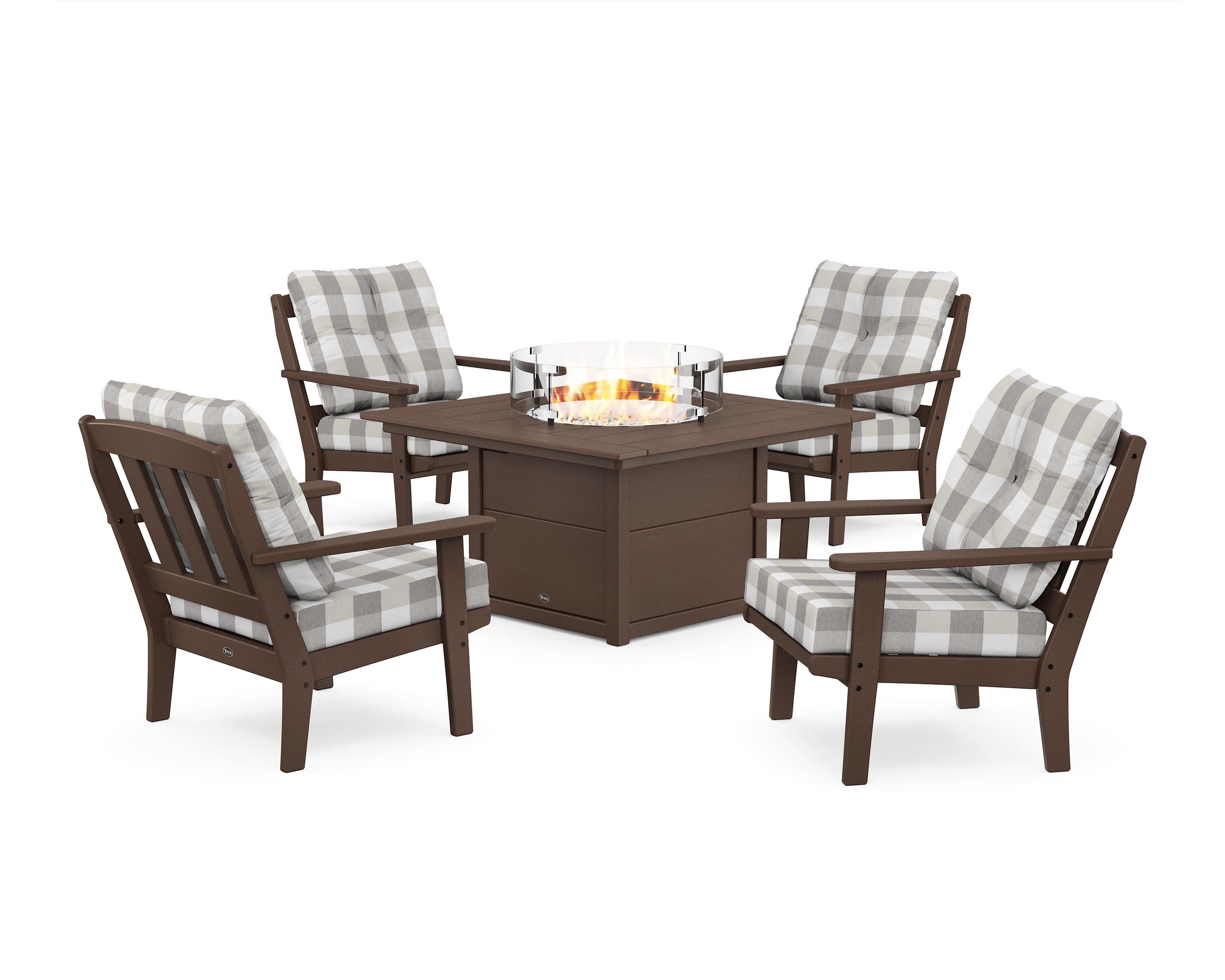 Cape Cod 5-Piece Deep Seating Set with Fire Pit Table in Vintage Lantern / Buffalo Plaid Grey Mist
