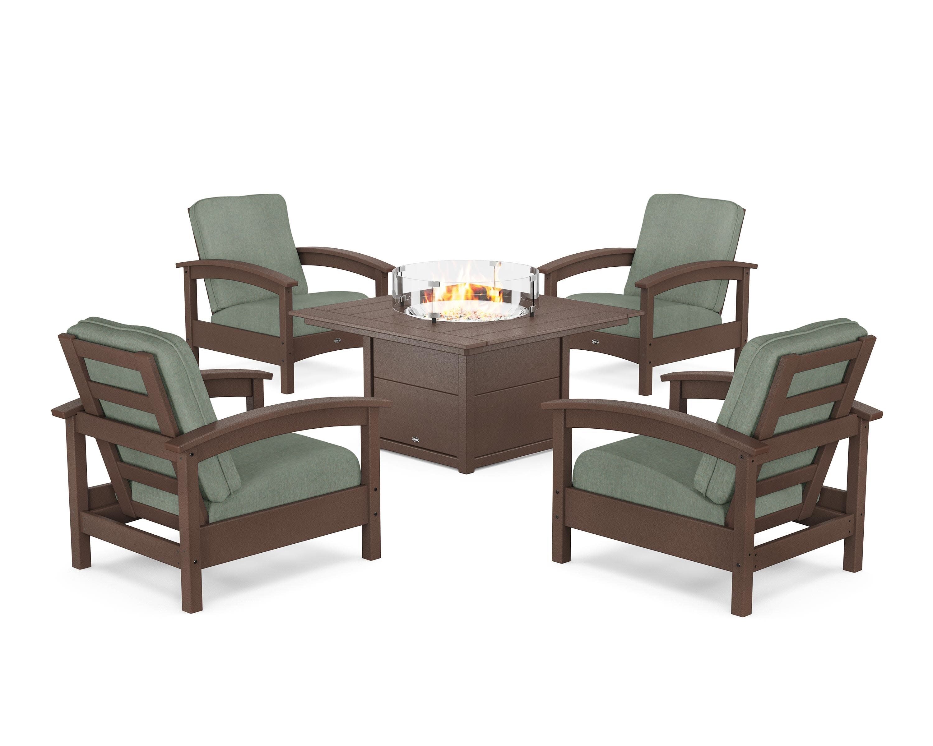 Rockport 5-Piece Deep Seating Set with Square Fire Pit Table in Vintage Lantern / Cast Sage