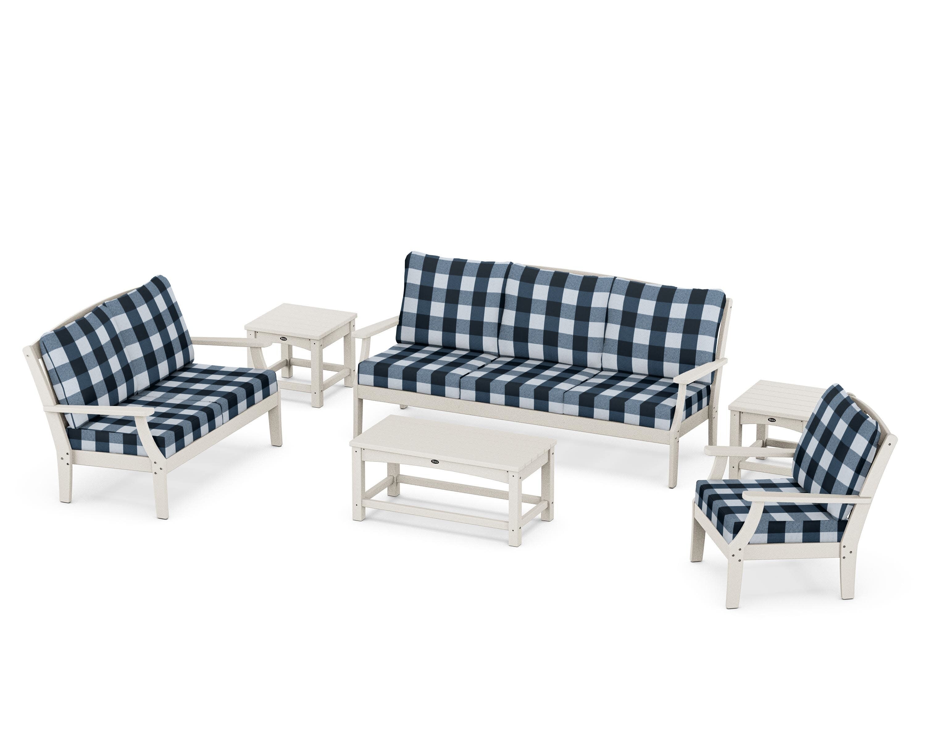 Yacht Club 6-Piece Deep Seating Set in Sand Castle / Buffalo Plaid Marine Indigo