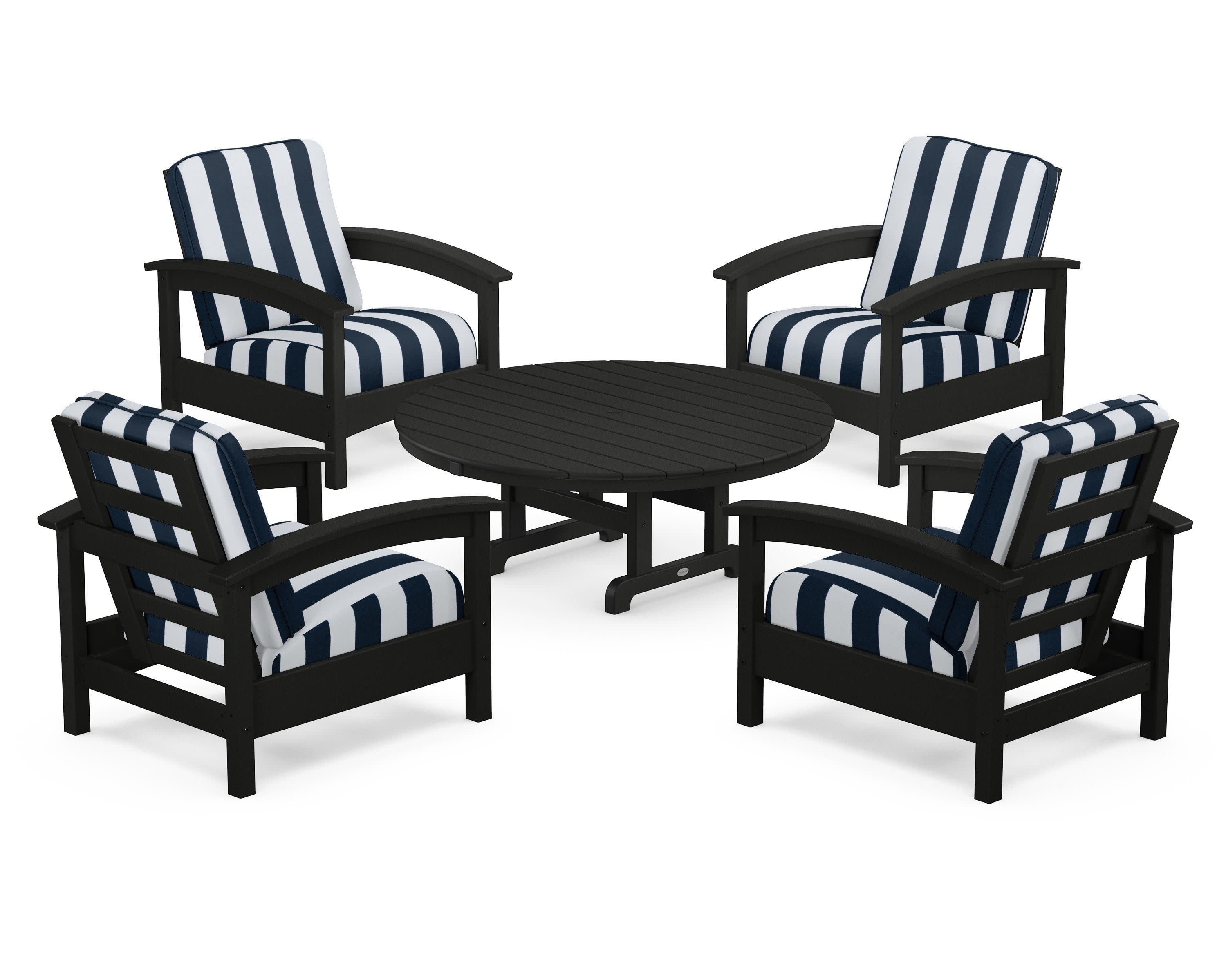 Rockport 5-Piece Deep Seating Set in Charcoal Black / Cabana Stripe Marine Indigo